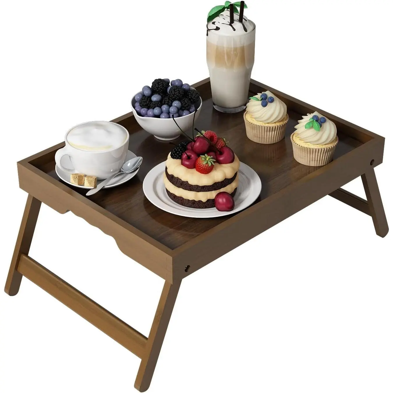 Bed Tray Table Folding Legs with Handles Groove Breakfast Food Tray for Sofa, Bed, Eating, Drawing, Platters Serving Lap Desk Snack Tray (Brown Medium)