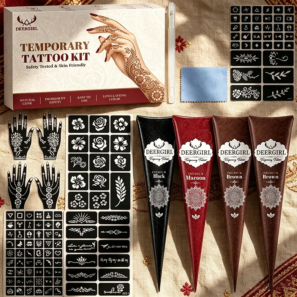 DEERGIRL Multi-color Henna Temporary Tattoo Gift Kit, Henna Designs, Black Brown Cone Henna Paste, Massive Palm Floral Geometric Hollow Stencils With Cleaning Care Tools, Natural Mild Long Lasting Waterproof DIY Body Painting Supplies For Wedding Party