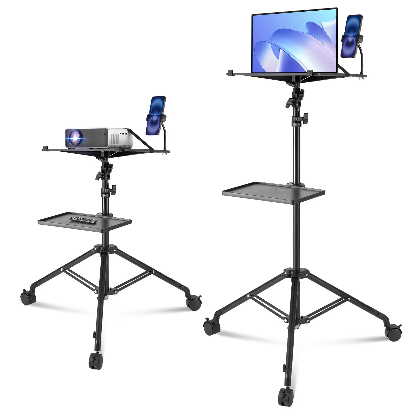 VEVOR Projector Stand with Wheels, Laptop Stand Tripod Adjustable Height from 31.3 to 67.3", Projector Tripod Stand with 2 Trays Gooseneck Phone Holder, for Outdoor Movies, Home, Office or Studio