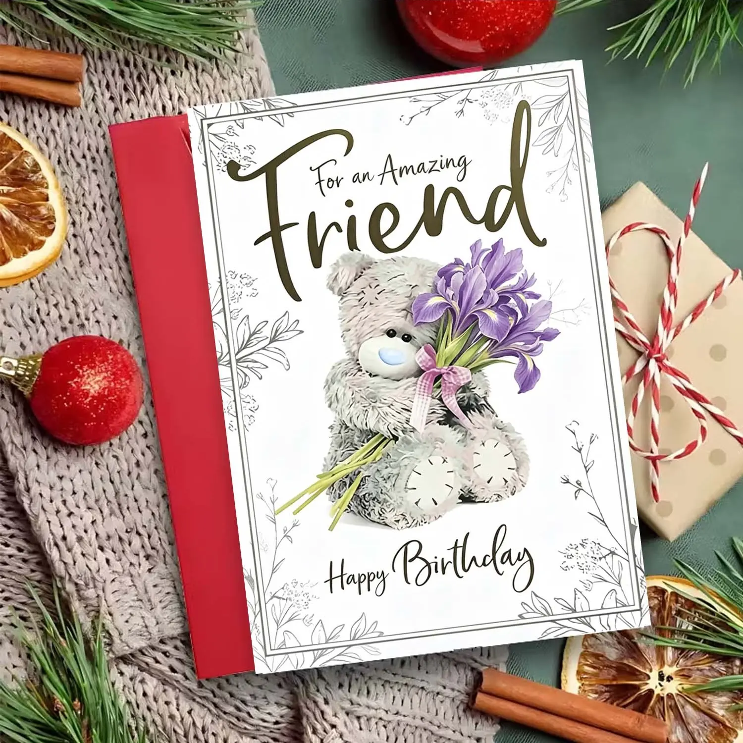 2Pcs (1 Card + 1 Red Envelope) Thick Lightweight Birthday Card for Best Friends, Teddy Bear Hug & Purple Iris Branches/Leaves Decoration, Easy to Store Birthday Gift Idea (Office Stationery)