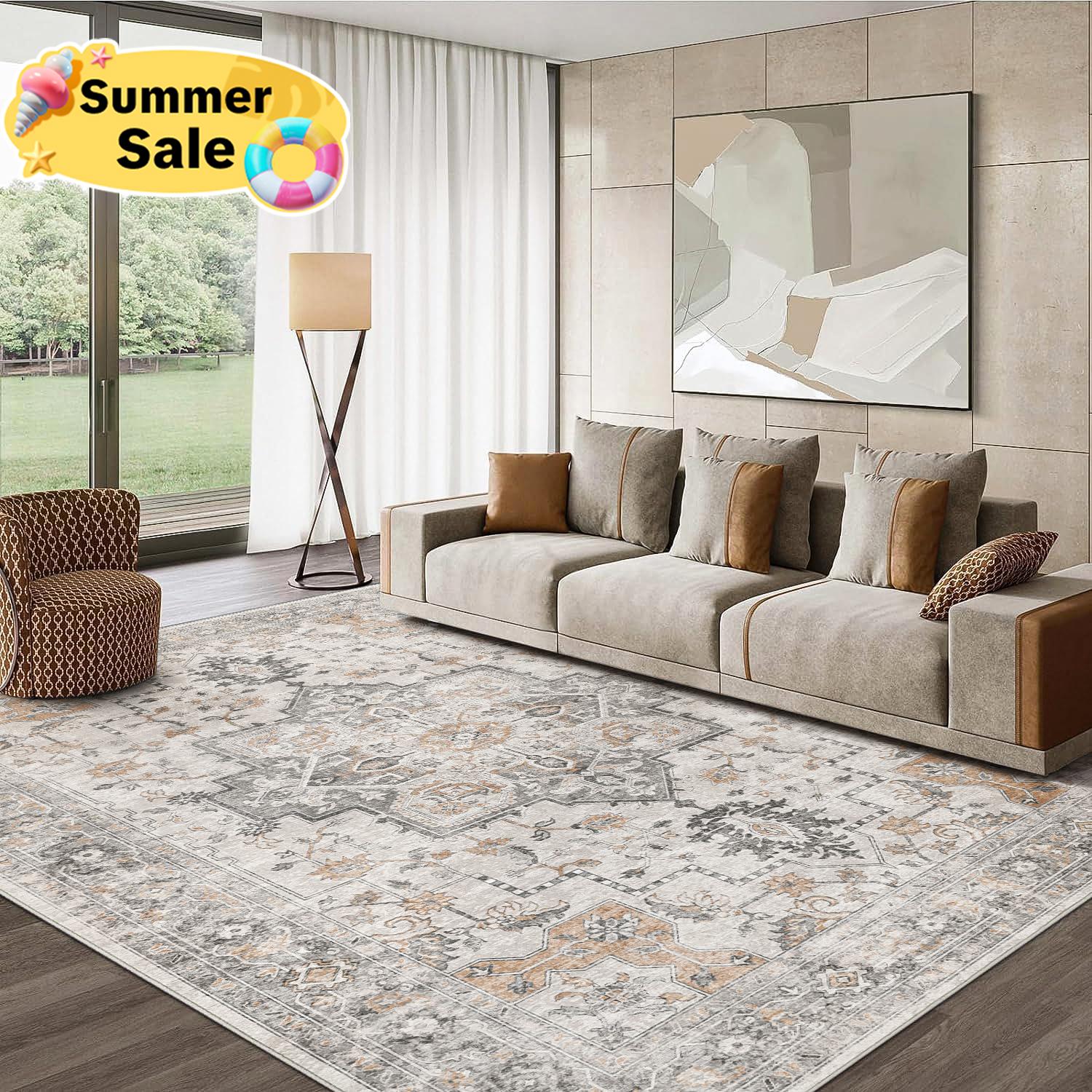 GENIMO Area Rugs for Living Room, Machine Washable Non Slip Vintage Retro Rugs, Low Pile Lightweight Chenille Print Rug