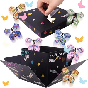 Black Flying Butterfly Explosion  Box - Flying Butterflies Valentine's Day  Box with 4 Butterfly Sequins DIY Flying Butterfly  Valentine's Day Birthdays Wedding  Box Explosion for Gifts Wrapping