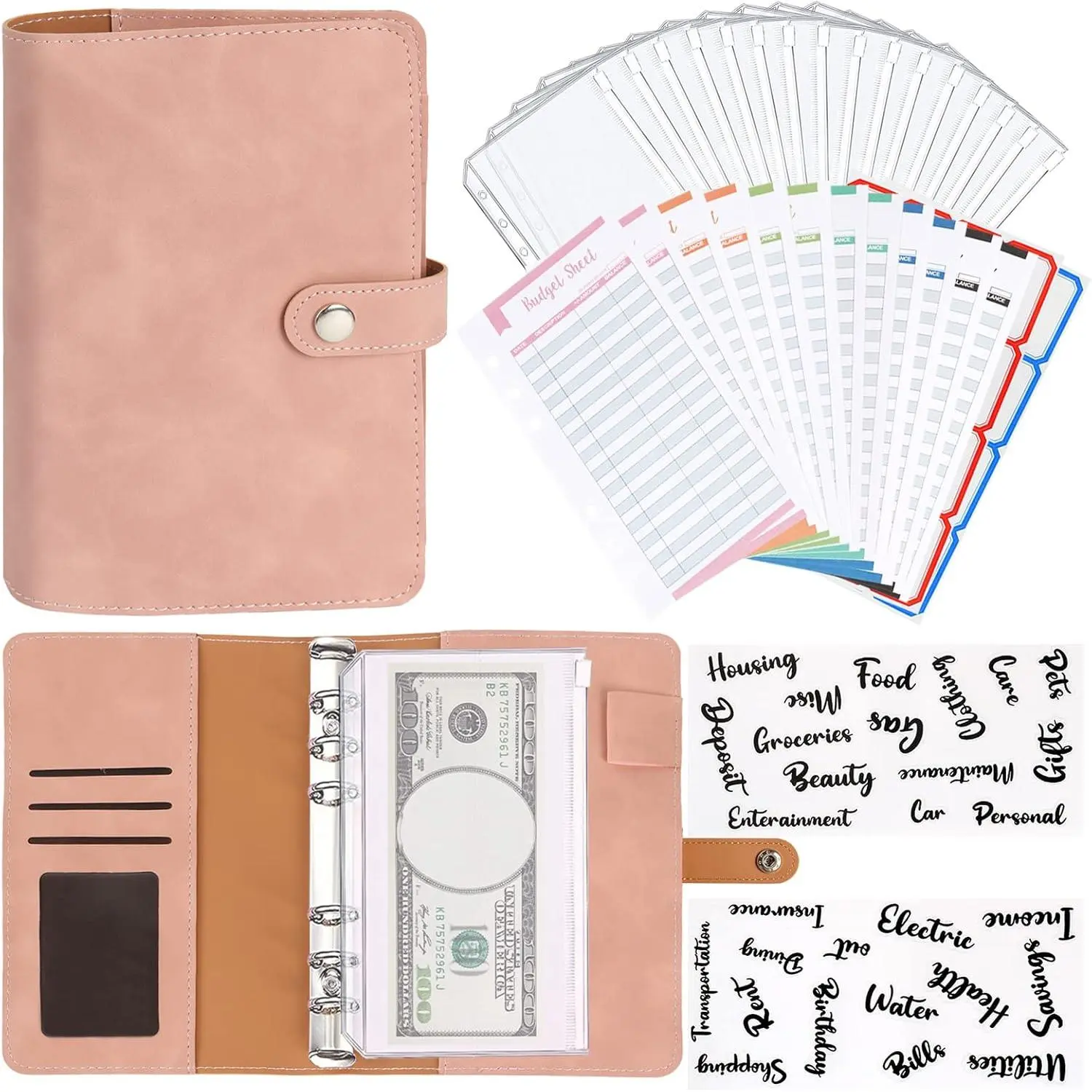 A6 Budget Binder, Soft PU Leather Notebook Binder Budget Planner Binder Cover with 16 Binder Pockets  Envelopes, 12 Expense Budget Sheets, 4 Shts Letter Sticker Labels for Bill Planner ()