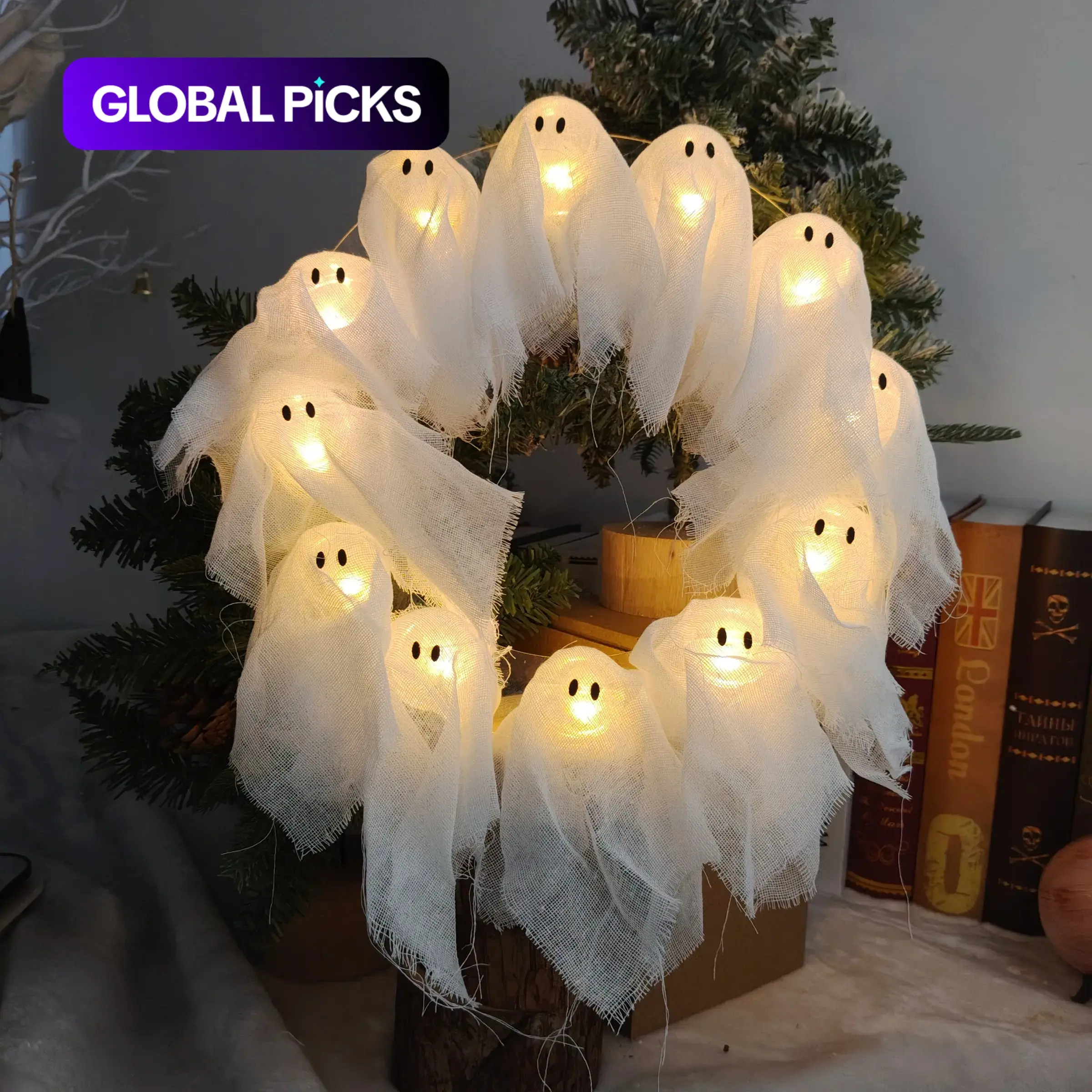 Halloween Glowing Ghost Wreath, Soft Cute Ghost Design, Self-Lit Atmosphere Decor, Hanging Ornaments, Perfect for Home Halloween Setup, Spooky Fun Decoration