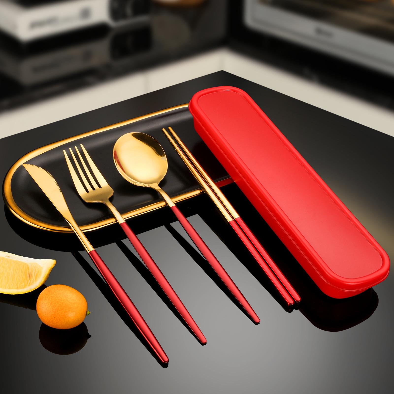 Stainless Steel Flatware Set with Travel Organizer Case, 4-Piece Reusable Cutlery Kit for Home, Office, School, Camping & Outdoor Adventures, Gold -RR Stainless Steel Flatware Set with Travel Organizer Case, 4-Piece Reusable Cutlery Kit for Home, Office, School, Camping & Outdoor Adventures, Gold -RR