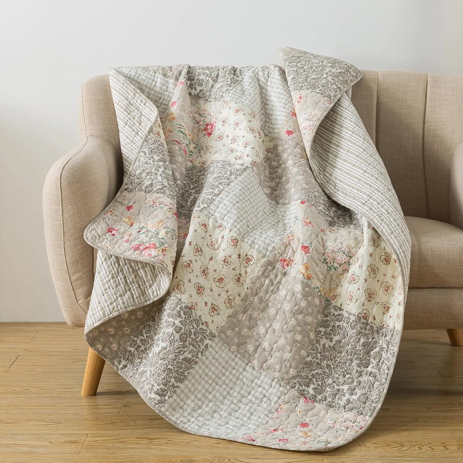 -  Quilted Throw Blanket, 50" x 60", Walk in the Cotswolds | Floral  Patchwork Lap Quilt for Couch and Bed, Small Neutral and Cream, Pieced Patch Work Cottage Core