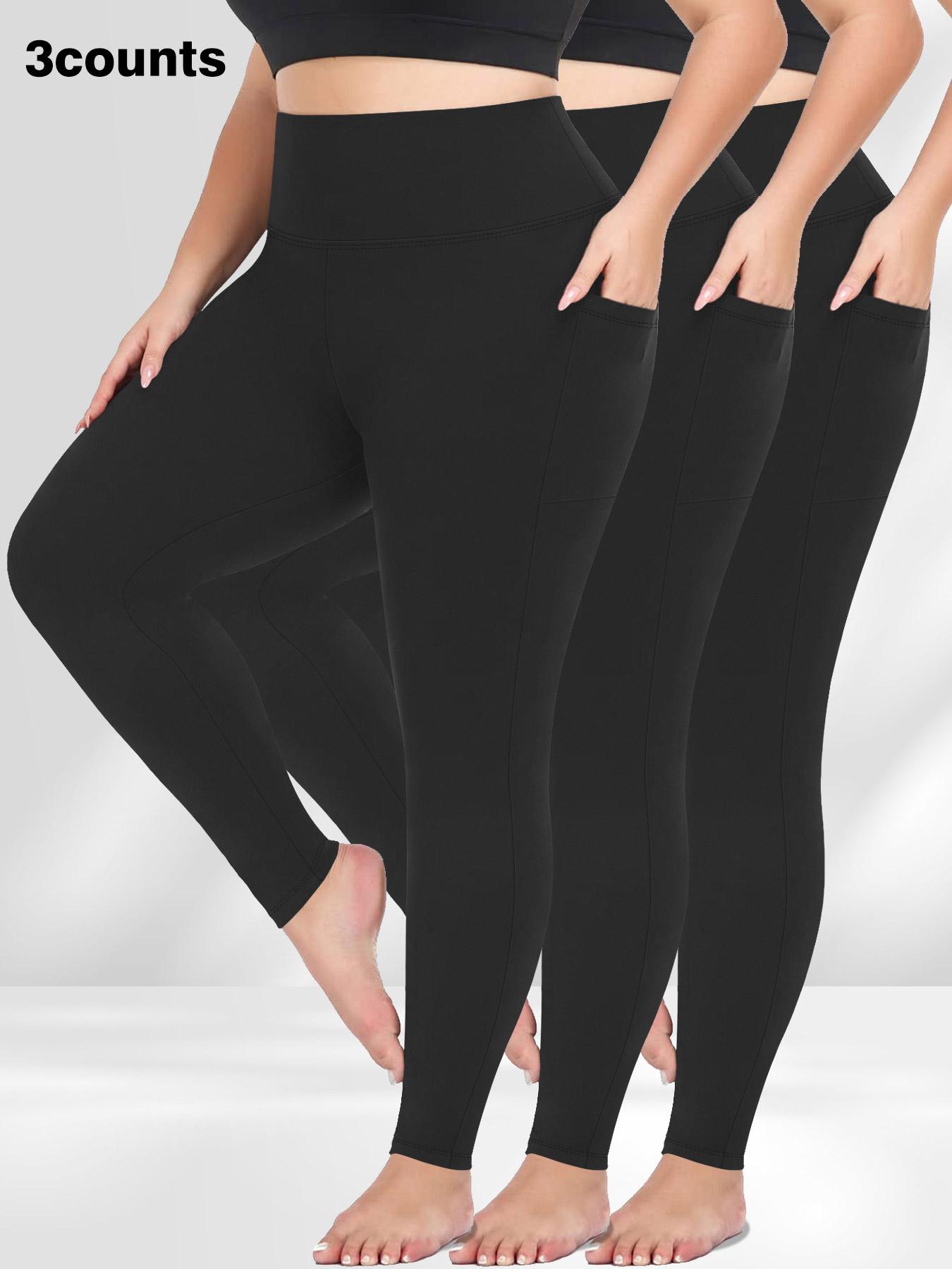 Plus Size Solid High Waist Sports Comfy Gym Workout Leggings with Pocket, Summer Outfits, Casual High Stretch Skinny Pants for Women, Soft Comfortable Women's Bottoms for All Seasons, Stretchy Workout Leggings