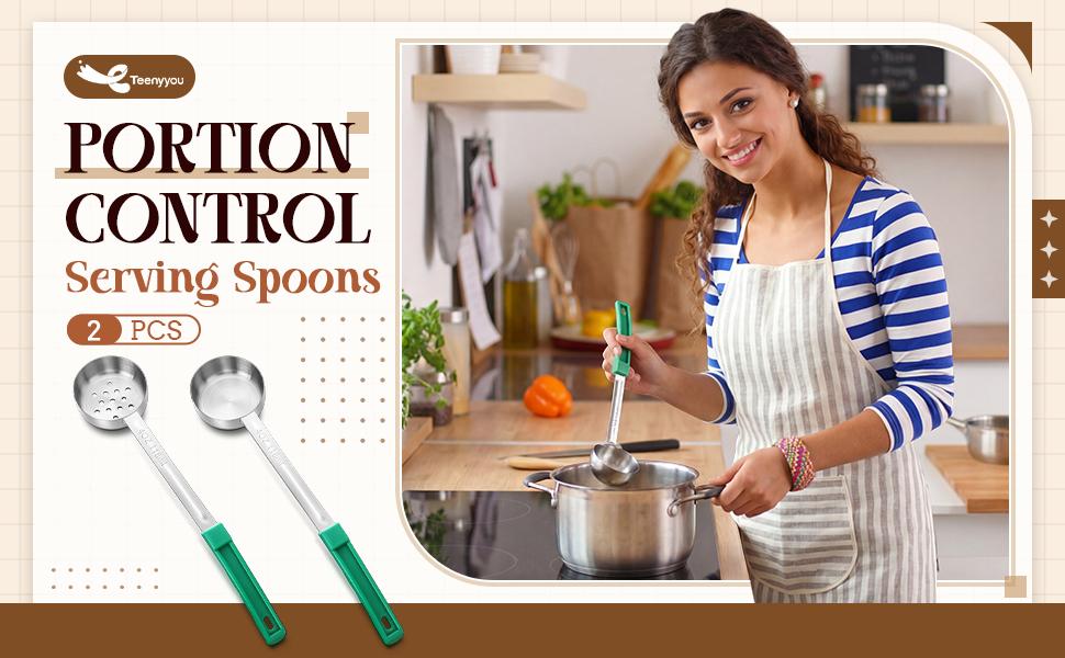 2 Pcs Portion Control Serving Spoons, Restaurant Measuring Serving Ladle Utensils, Portion Spoons for Weight Loss, Kitchen(Red,2 oz,Solid and Slotted)