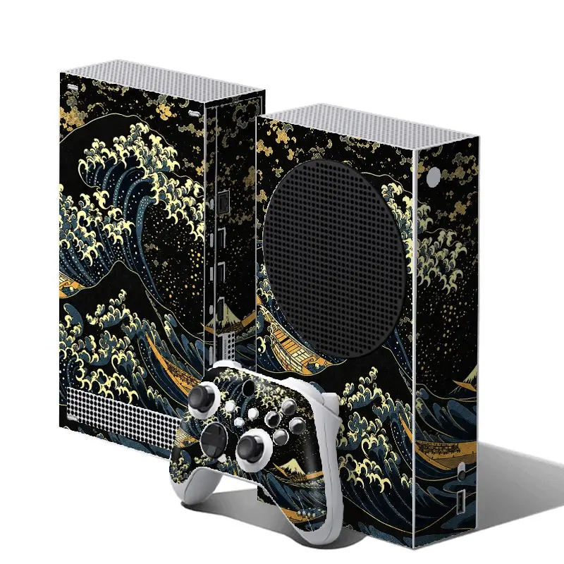 Black Gold Ukiyo‑e Great Wave Vinyl Skin Decal Set, Aesthetic Stickers for Xbox Series S, Includes Console Skin + 2 Controller Skins, Dark Gold Foil Ocean Wave Art Pattern, Durable Scratch‑Resistant, Removable No Residue Vinyl Sticker