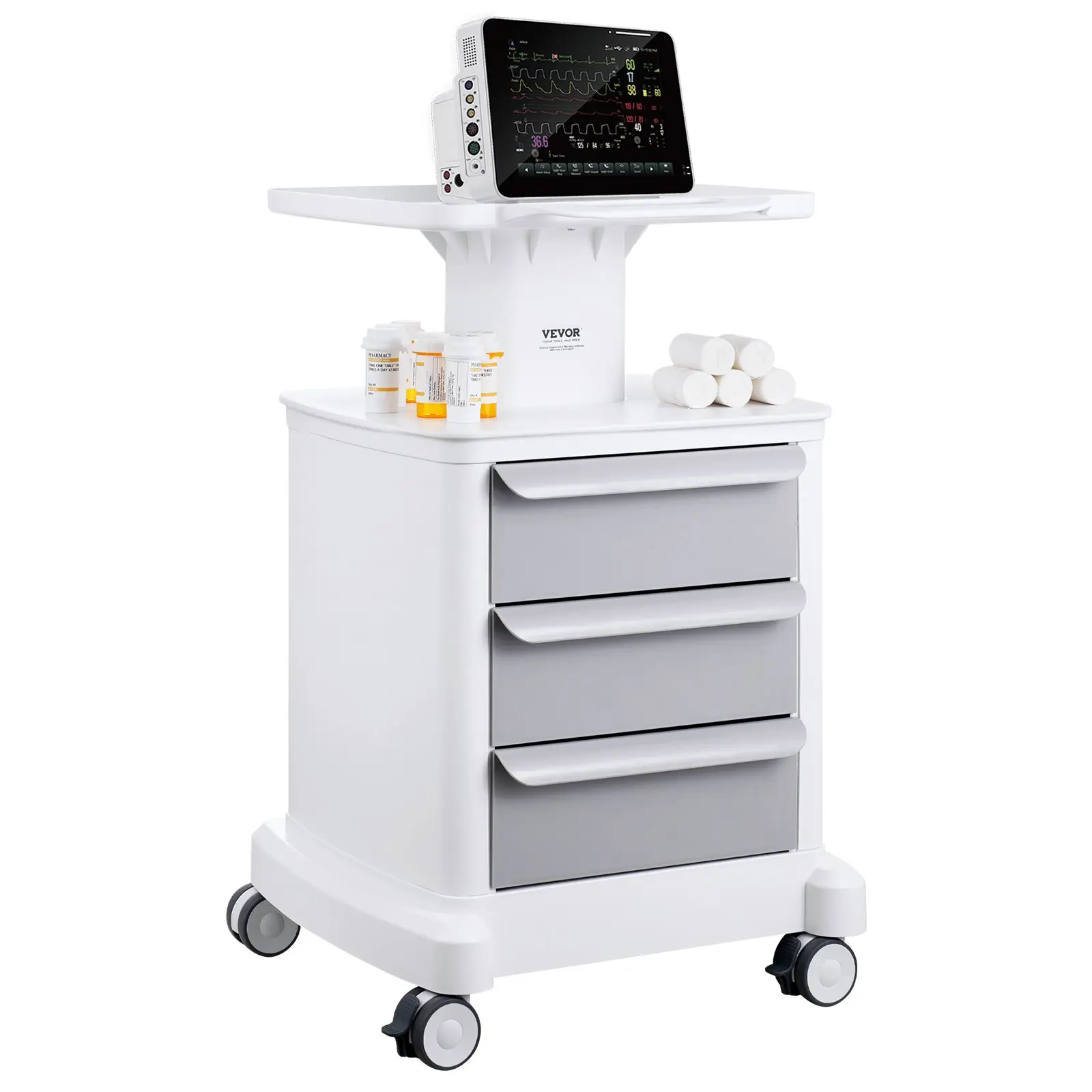 VEVOR 4 Tiers Lab Carts, Lab Utility Cart with 3 Drawers 1 Top Tray, Mobile Medical Cart with ABS Material, Lab Rolling Cart with 4 Silent Wheels for Lab, Clinic, Hospital, Salon, White