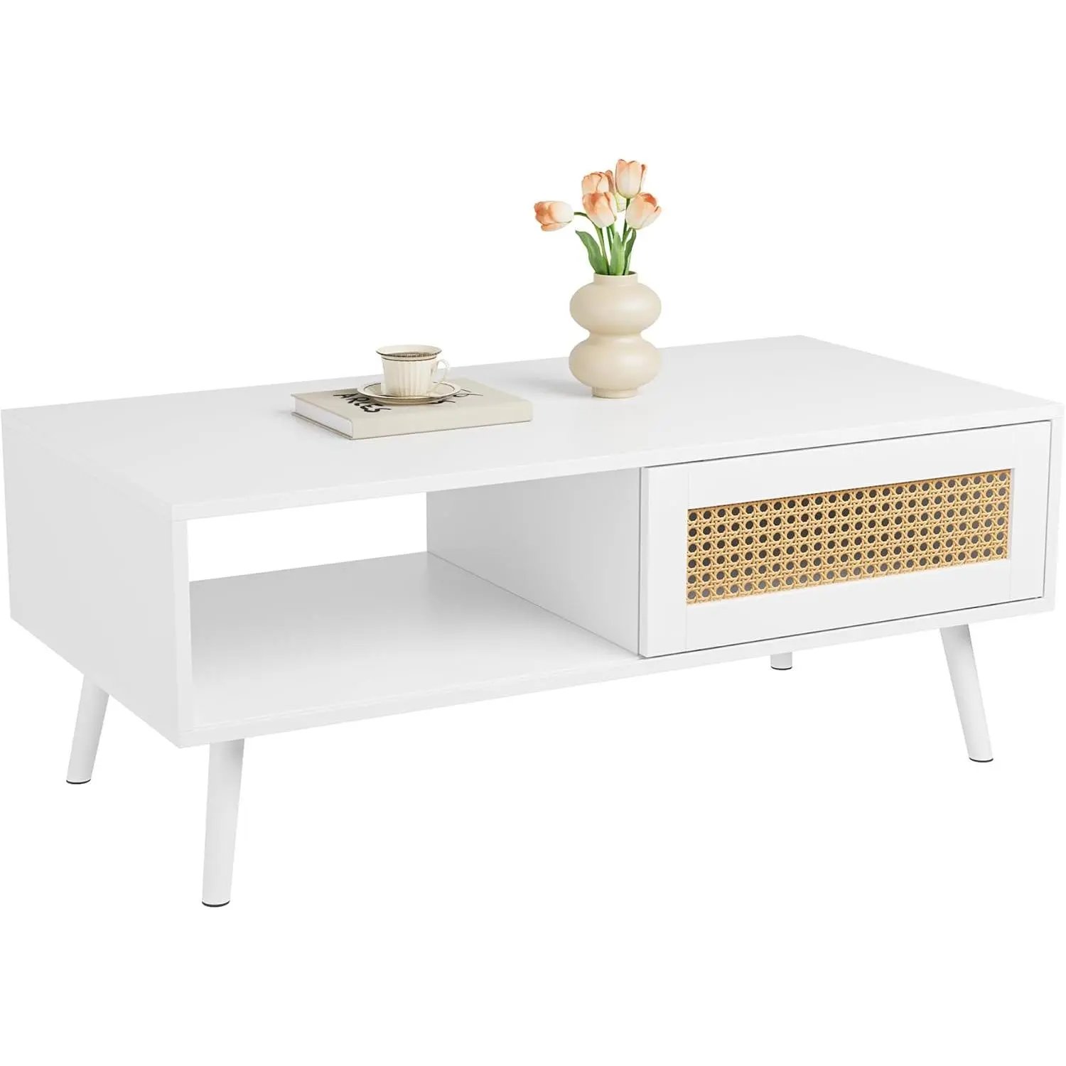 Boho Coffee Table with Sliding Door and Open Shelves,Natural Wood Center Table with Hidden Storage