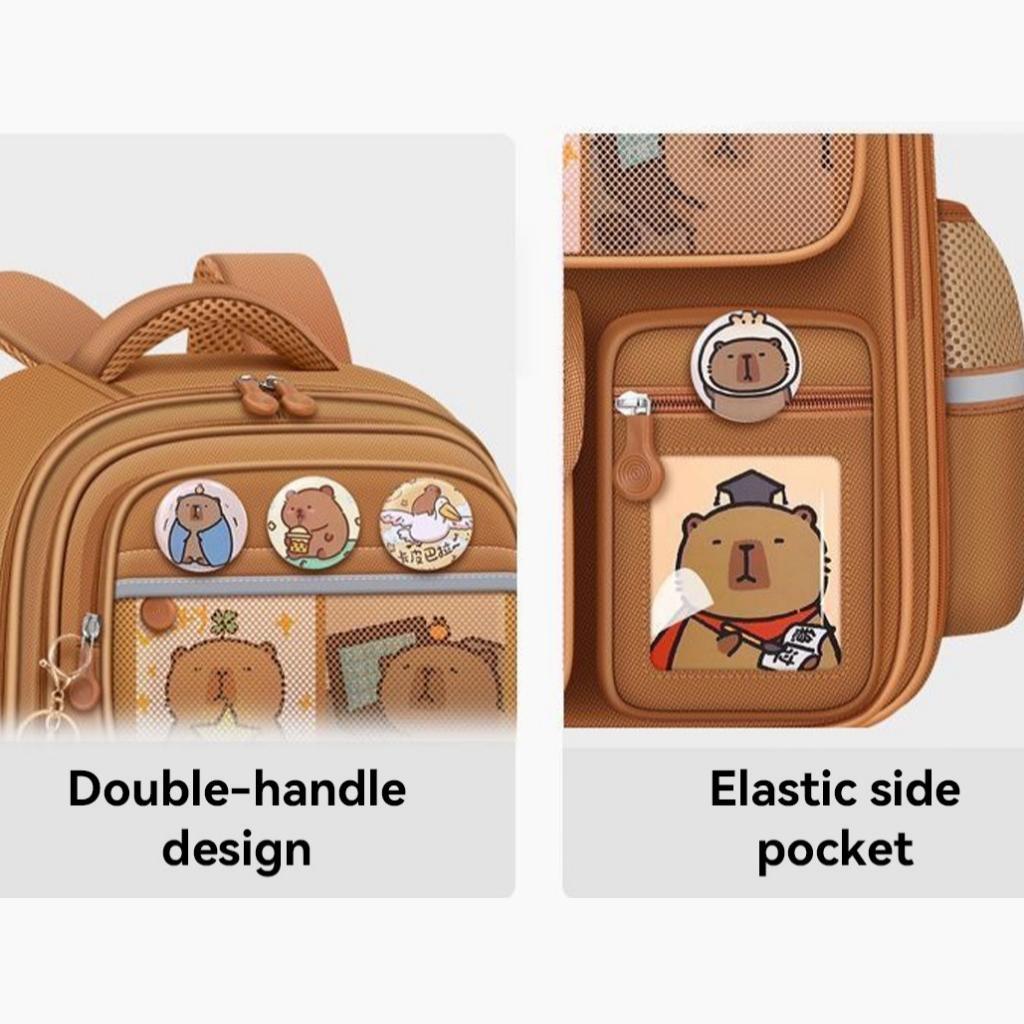 Cartoon Bear Pattern Backpack, 1 Count Large Capacity Waterproof with 6 Counts Badge & 3 Counts Cards & 1 Count Plush Pendant, Cute Versatile Backpack, Wear-resistant and Dirt-resistant Backpack for Students
