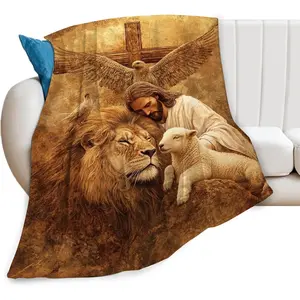 Christian Plush Fuzzy Throw Blanket, Jesus Lion Lamb God Eagle & Cross Graphic Design, Soft Warm Cozy Bedding for Couch Bed Decor, Thoughtful Gift for Men Women, Cross Graphic Blankets