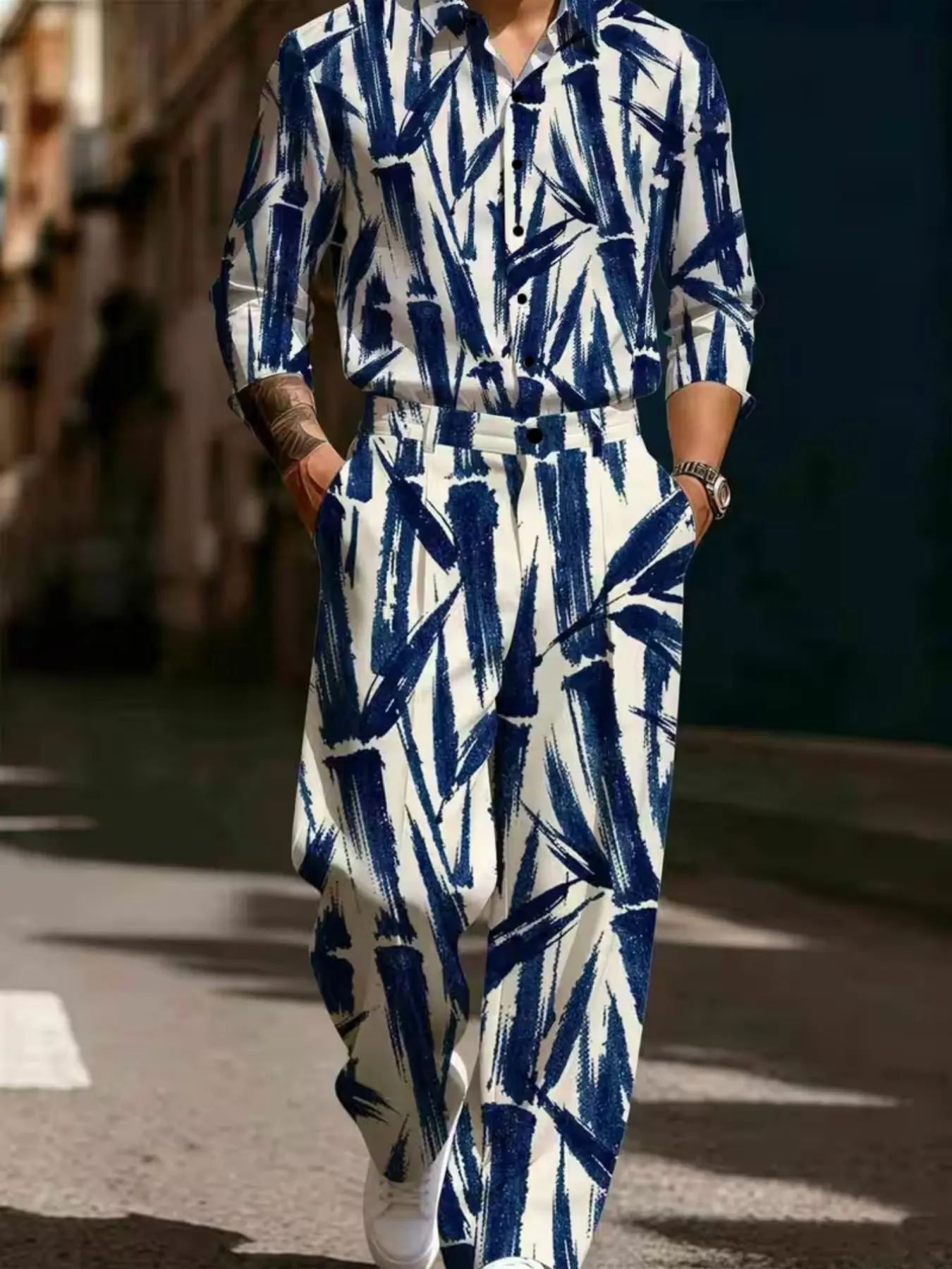 Blue Ink Bamboo Pattern Long Sleeve Shirt and Pants Set, Casual Slim-Fit, Artistic Design, Perfect for Parties and Streetwear