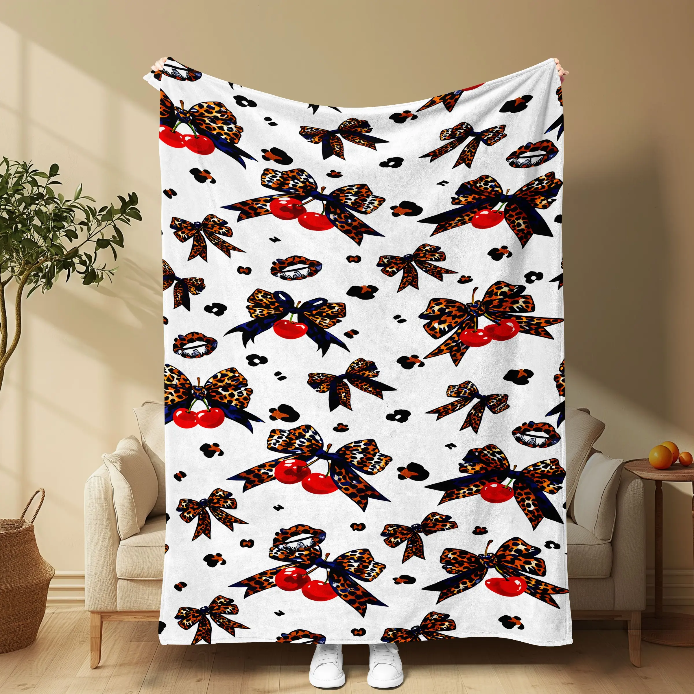 Leopard Print Bow Cherry Blanket, Soft Flannel, Retro Sweet & Spicy, Home Decor, Sofa Bed Cover, Millennial Y2K Style, Trendy Accessory