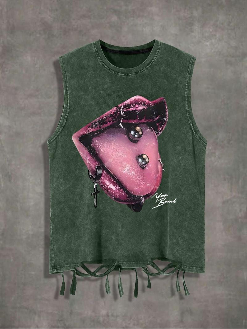 Men's Cartoon Lip Print Round Neck Tank Top, Regular Fit Street Fashion Casual Sleeveless Top for Summer, Men's Clothes for Daily Wear, Solid Sleeveless Menswear, Cotton Breathable Tank Tops, Streetwear Tank Vest