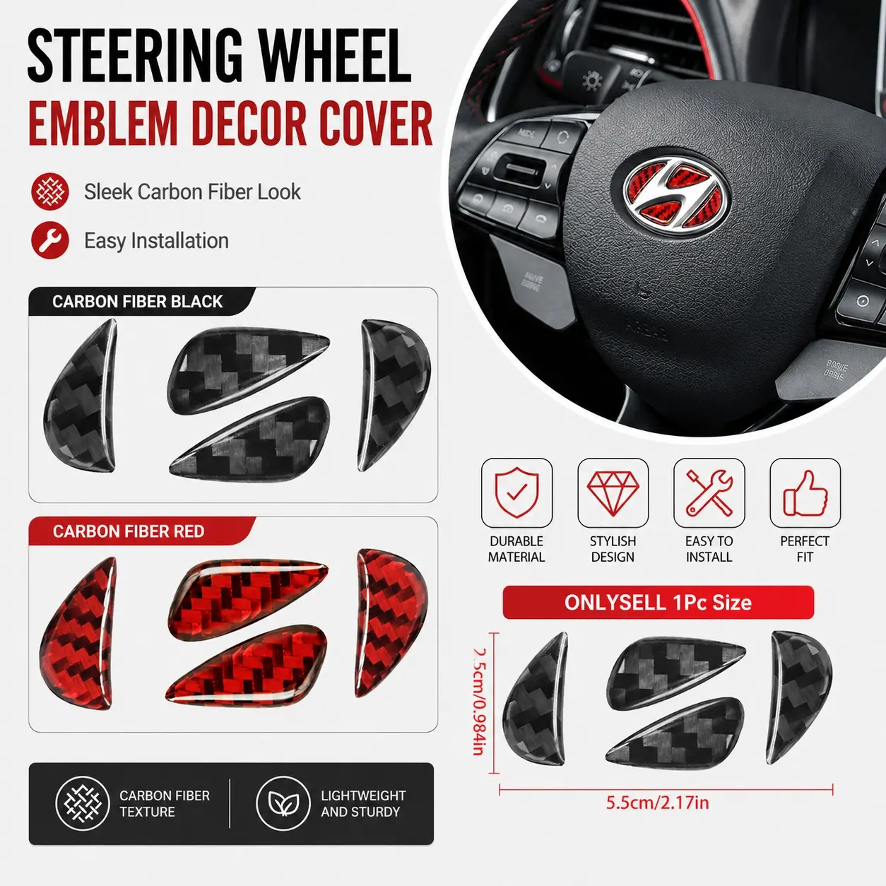 Hyundai Car 1Pc Carbon Fiber Steering Wheel Logo Emblem Decal, Automotive Decoration, Car Accessory, Self Adhesive Waterproof Easy Install Accessories for Hyundai Sedan SUV Truck Models