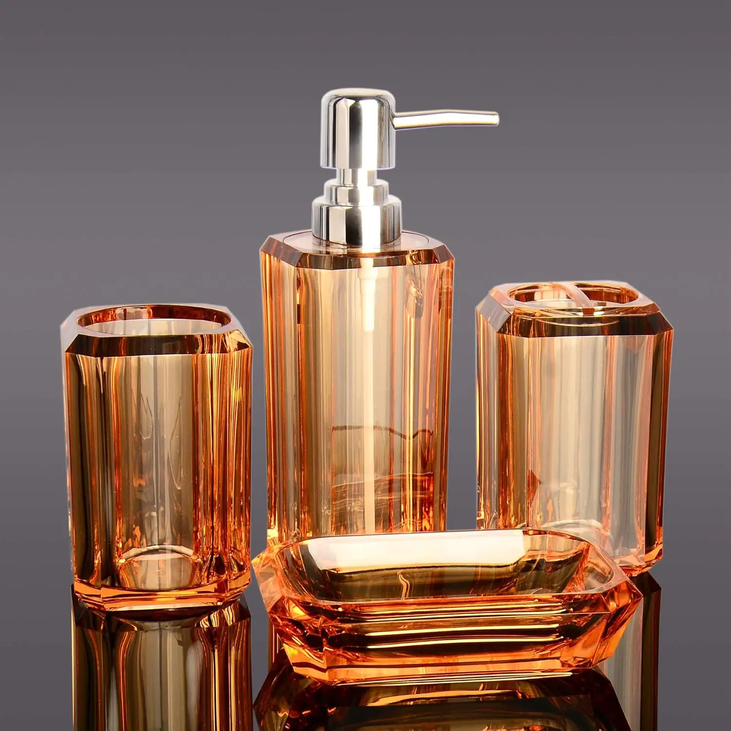 Bathroom Accessories Set,4 Pcs Premium Acrylic Bathroom Accessory Set Complete w/Lotion Soap Dispenser,Mouthwash Cup,Soap Dish,Toothbrush Holder,Orange Bathroom Decor Sets,Gift for Home Apartment