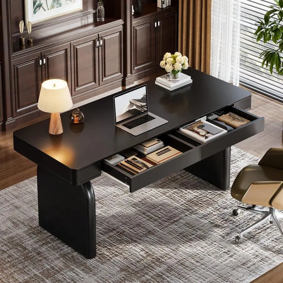 White Desk With Drawers, 63-Inch Modern Executive Office Desk, Glossy Elegant Work Study Writing Table For Home Office, Cream White