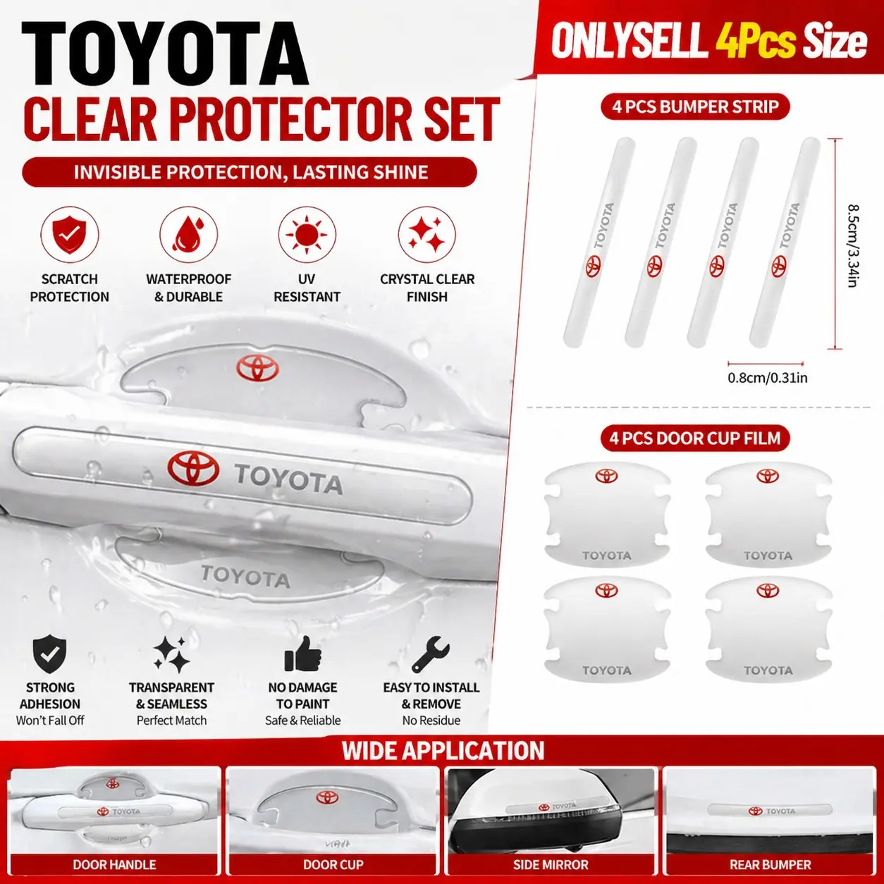Car 4Pcs Invisible Clear Door Edge Bumper Guards or Door Handle Cup Protectors Self Adhesive Transparent Anti Scratch Paint Protection Film Auto Exterior Accessories Fit Toyota Most Sedan SUV Truck Vehicle Models
