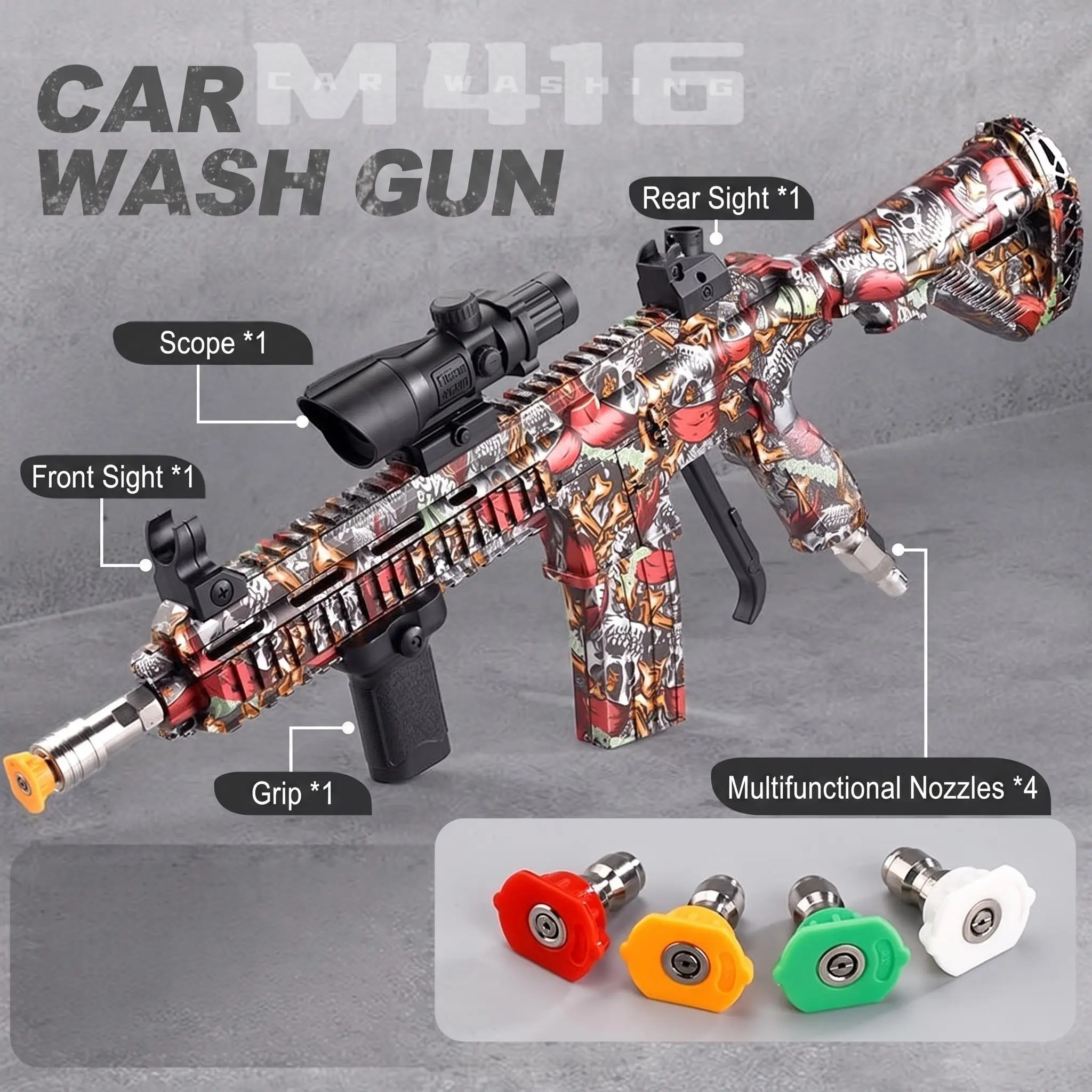 M416 High-Pressure Car Washer Gun, Portable Power Washer with 4 Multi-Function Nozzles, Ideal for Outdoor Home Car Cleaning, Garage Garden Cleanup