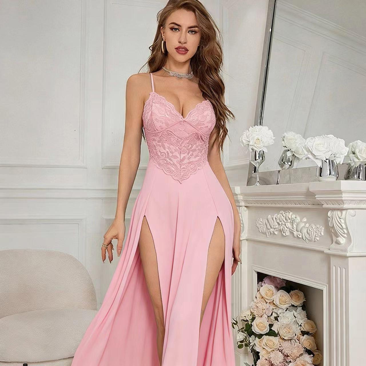 Long Lace Sleepshirt for Women: Elegant and Sexy High Side Slit Nightgown, Romantic Pajama Dress