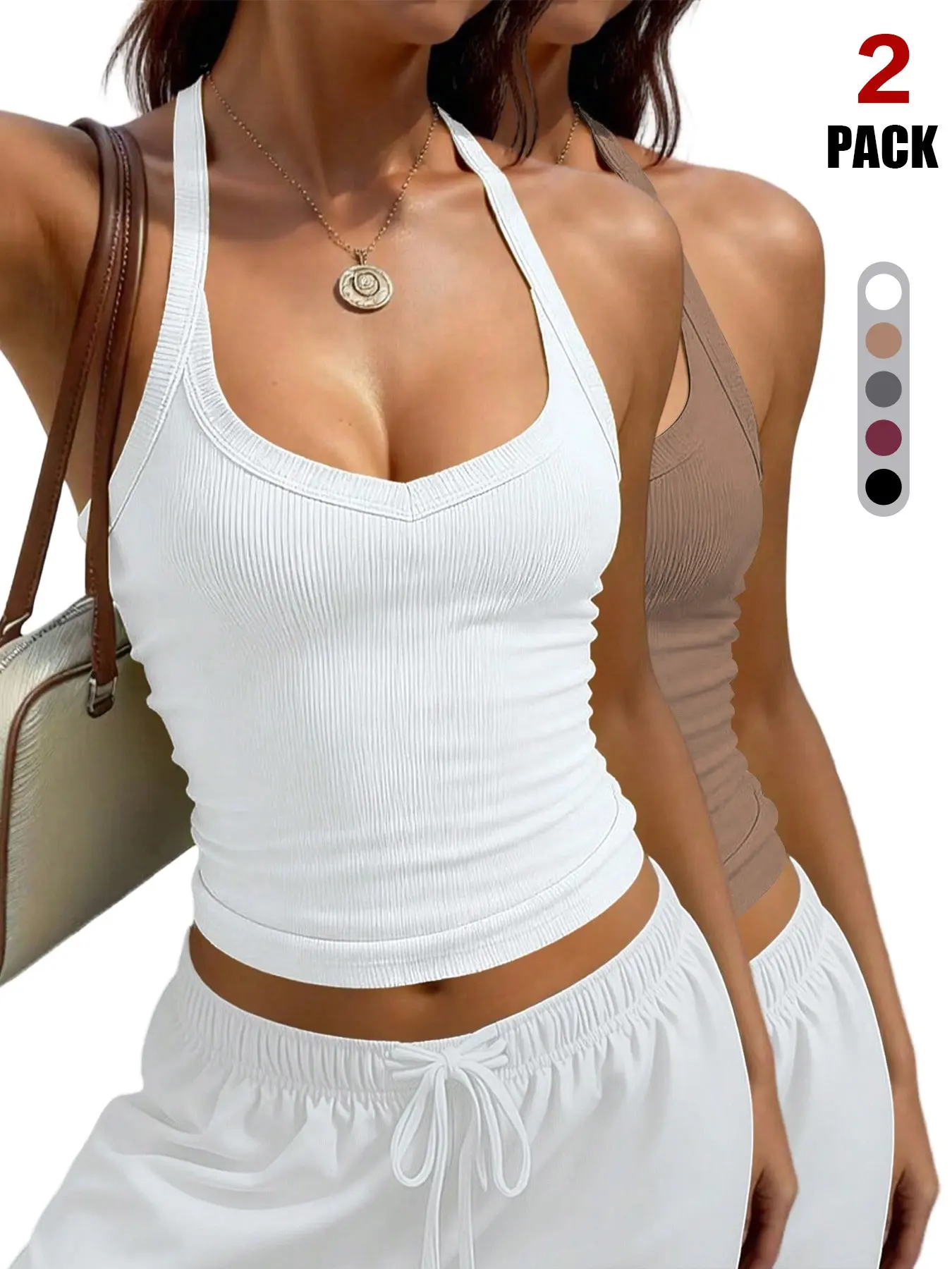 Women Ribbed Knit Halter Crop Tank Top, U Neck Sleeveless Slim Fit Cropped Cami, Stretchy Soft Fitted Basic Halter Vest for Daily Wear, Casual Summer Sleeveless