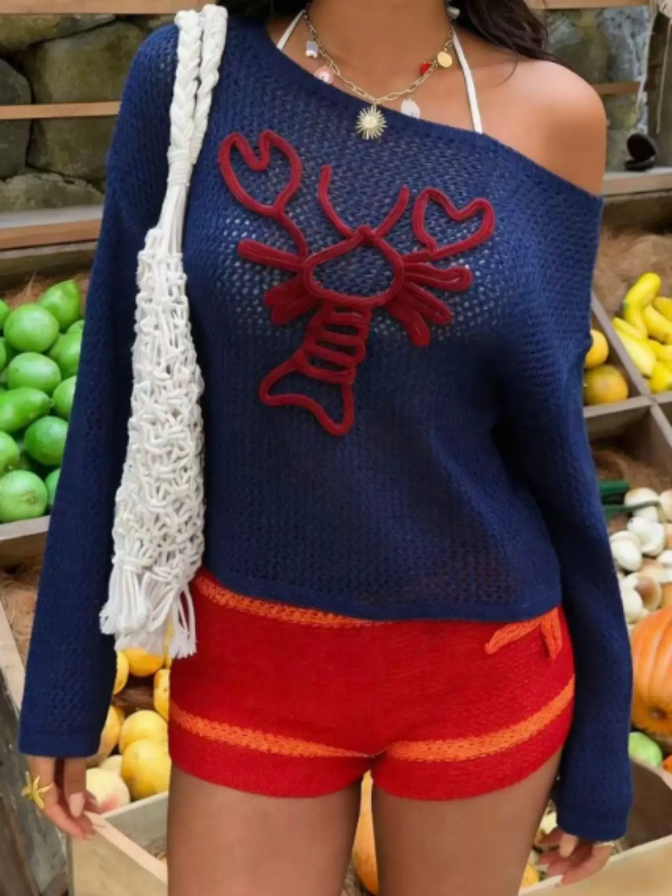 Women's Summer Hollow Out Cover-Up, Beach Vacation Casual Style, Lazy Lobster Pattern Knit Pullover, Long Sleeve Loose-Fitting Top, Beach Coverup