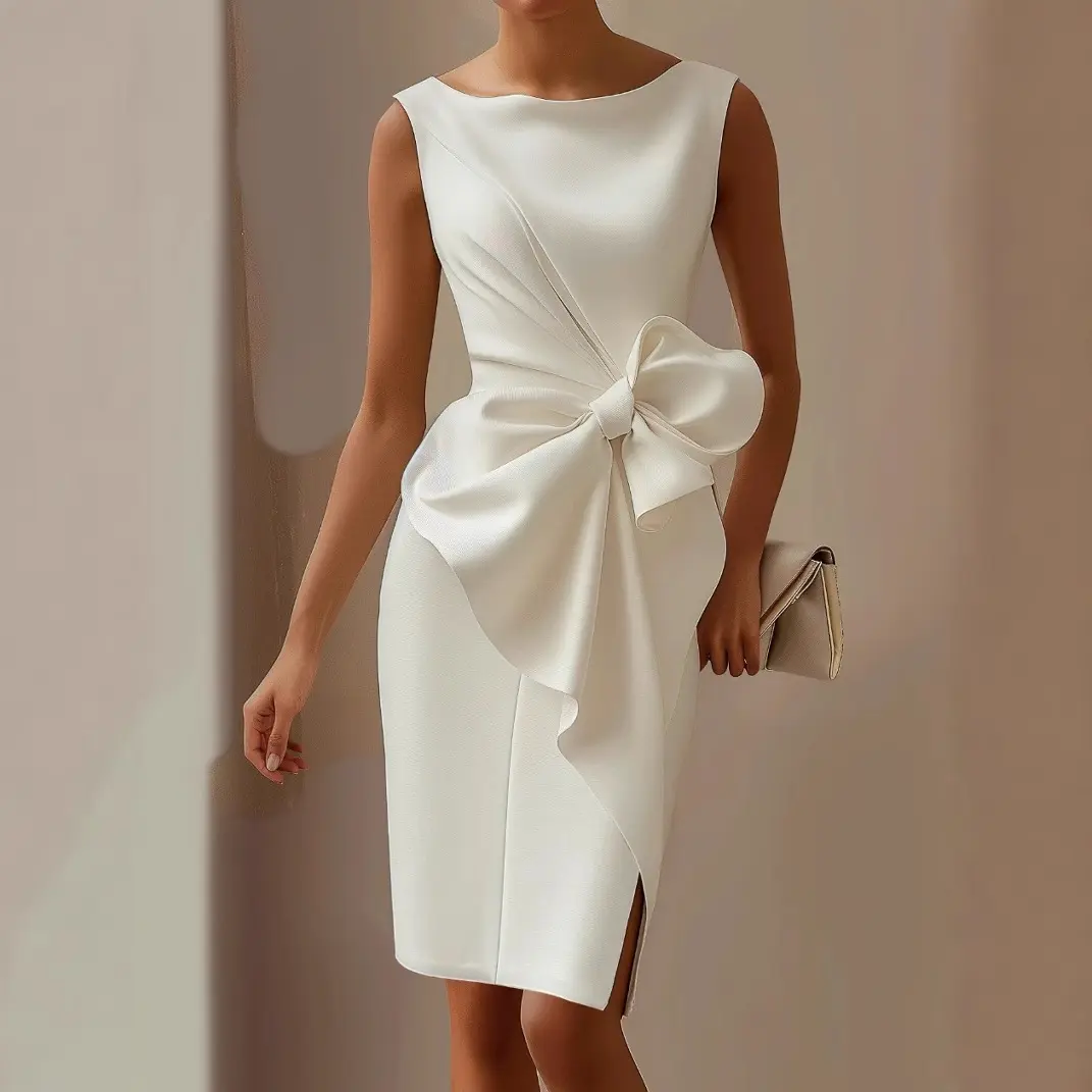 Women's Elegant Wrap Front Sleeveless Boat Neck Formal Knee-Length Cocktail Dress with Bow - Red, White, Grey, S/M/L