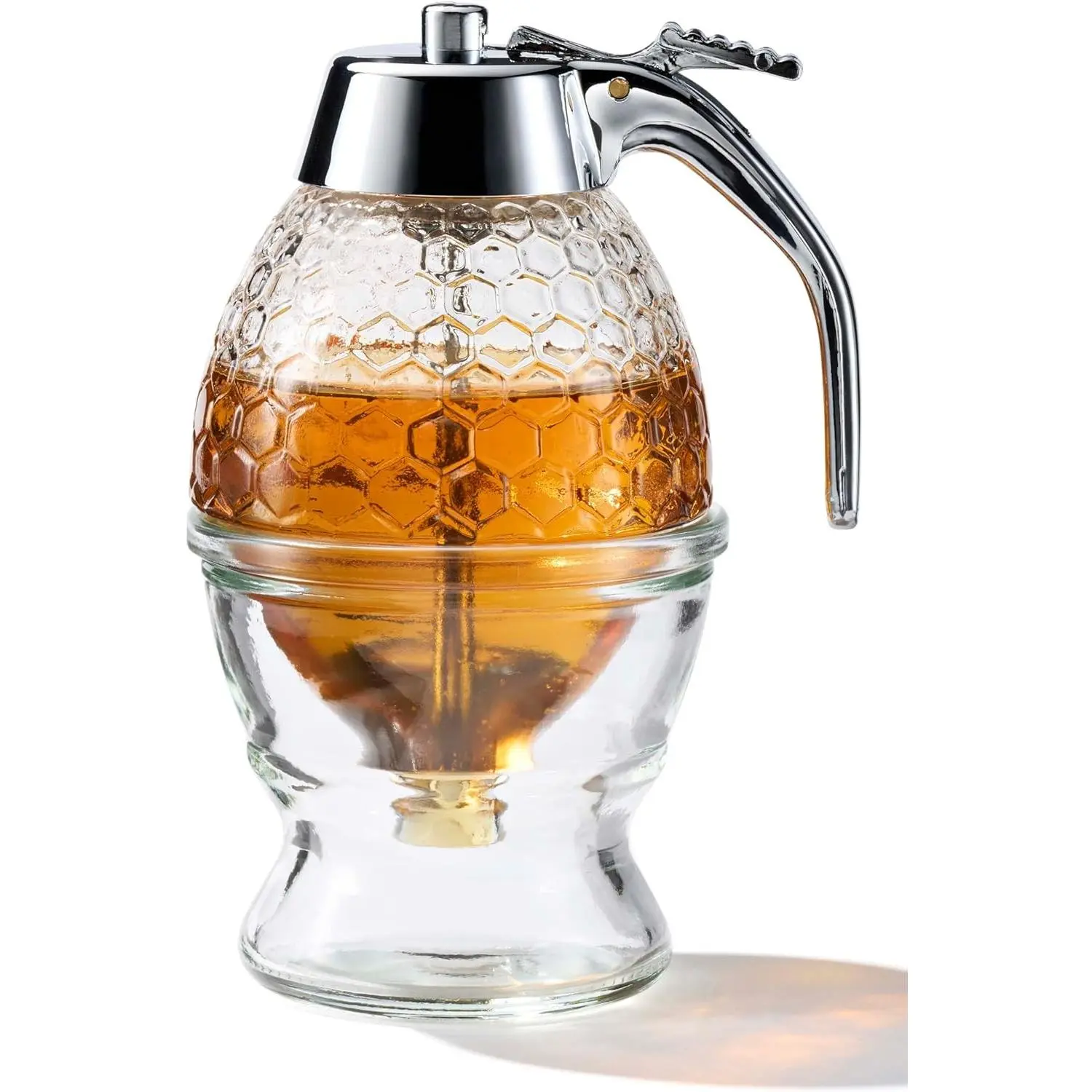 Kitchen Stainless Steel Shaft Glass Honey Container - 8 oz No Drip Honeycomb Jar with Stand, Sleek Silver Lid, Syrup Pot, Gift