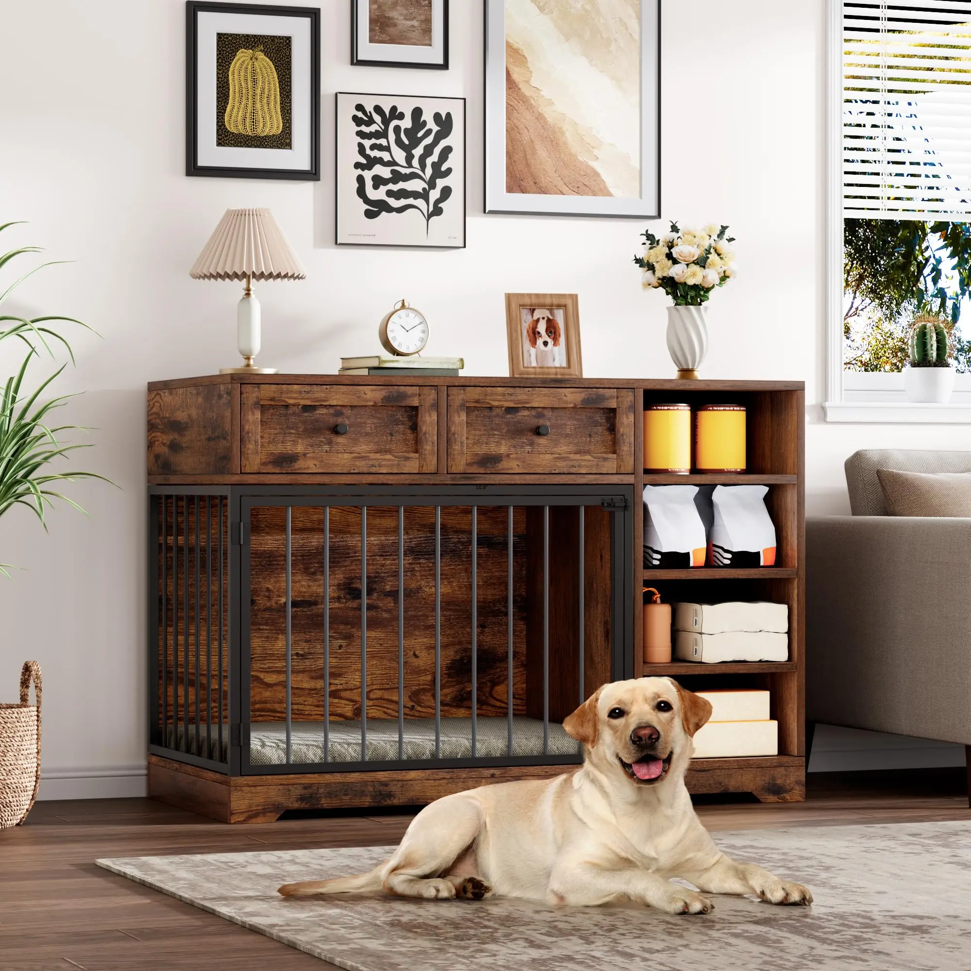 47" Multi-Functional Dog Crate TV Stand – 2 Drawers & 4 Storage Compartments, 34.6" Interior – Bedside Table/End Table for Medium/Large Dogs