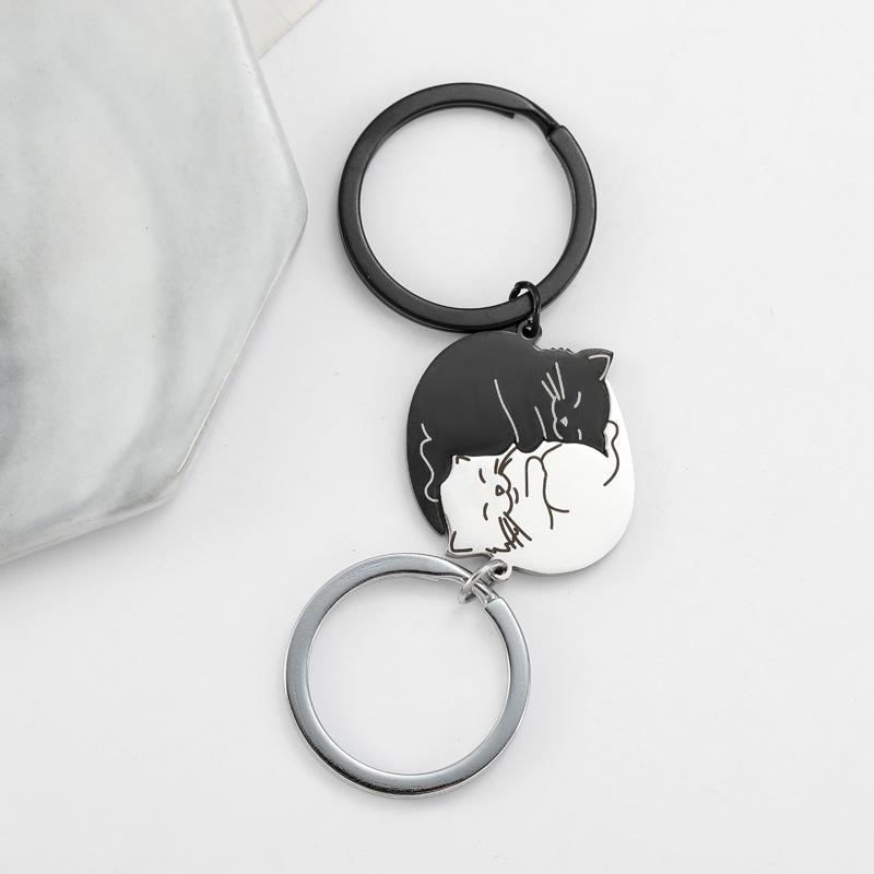1Pair Cute Kawaii Cat Keychain Patchwork Heart Round  Charms for  Couple Lovers Keyring Stainless Steel Backpack Car Key Ring- Cute Matching Keychains for Boyfriend, Girlfriend, Best Friends & Family