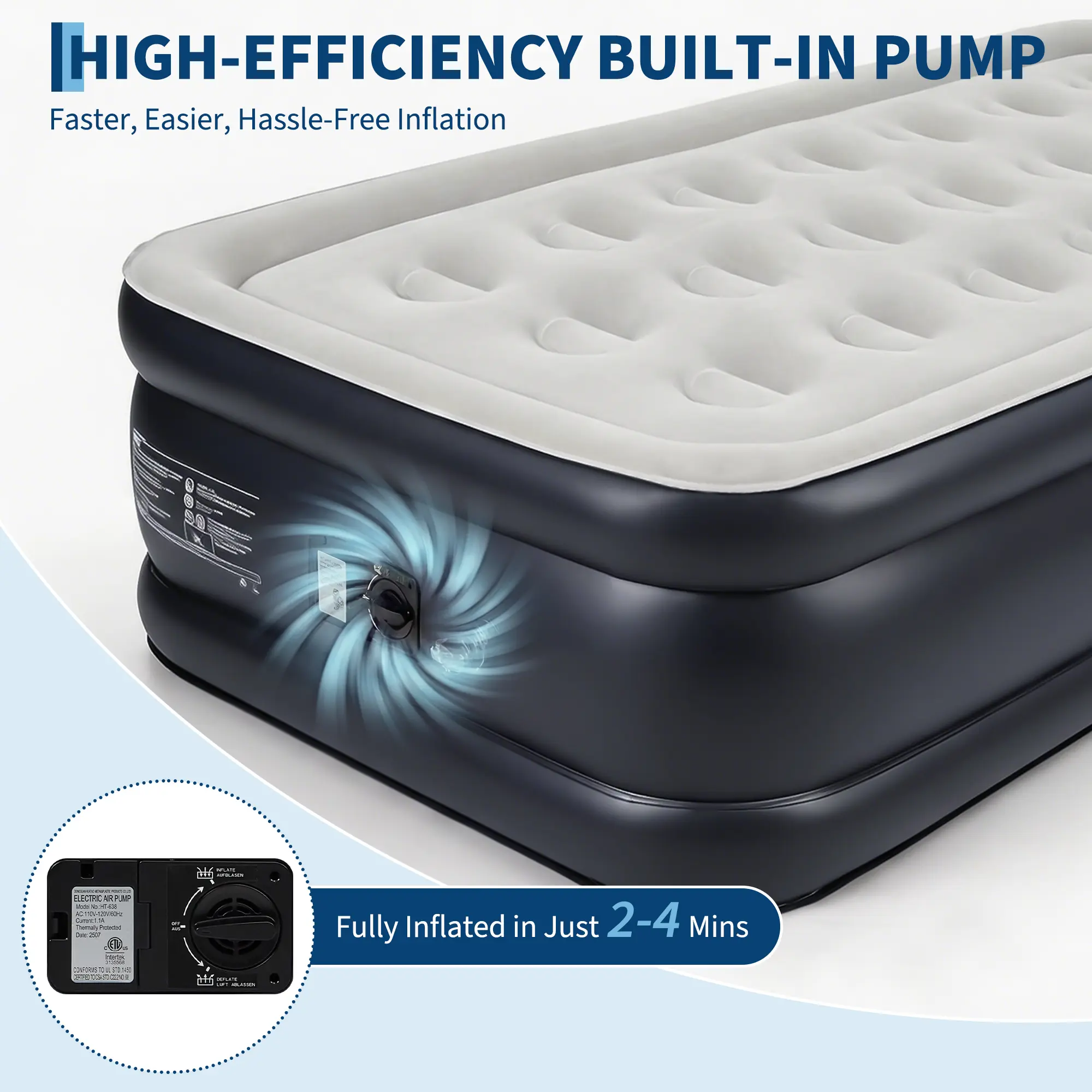 Twin Air Mattress with Built in Electric Pump 18 Inch Elevated Inflatable Bed Quick Inflate Cup Holders Navy Blue Gray Flocked Top for Guest Room Home Camping Travel