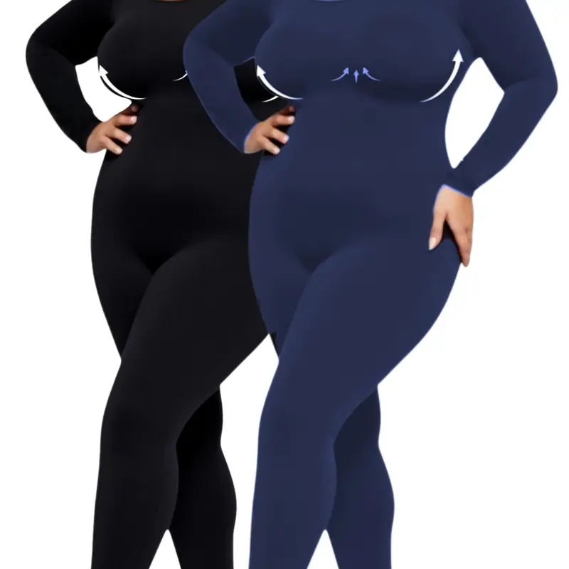 Women's Plus Size Slimming Long Sleeve Jumpsuit, Stretchy Jumpsuit, Waist Control Jumpsuit, Waist Cinching Yoga Pants, Yoga Workout Jumpsuit, Casual Springl&Fall Sportswear,  Seamless Bodysuit,Stretch Skin-Friendly Fabric，Bottoms For Daily Wear