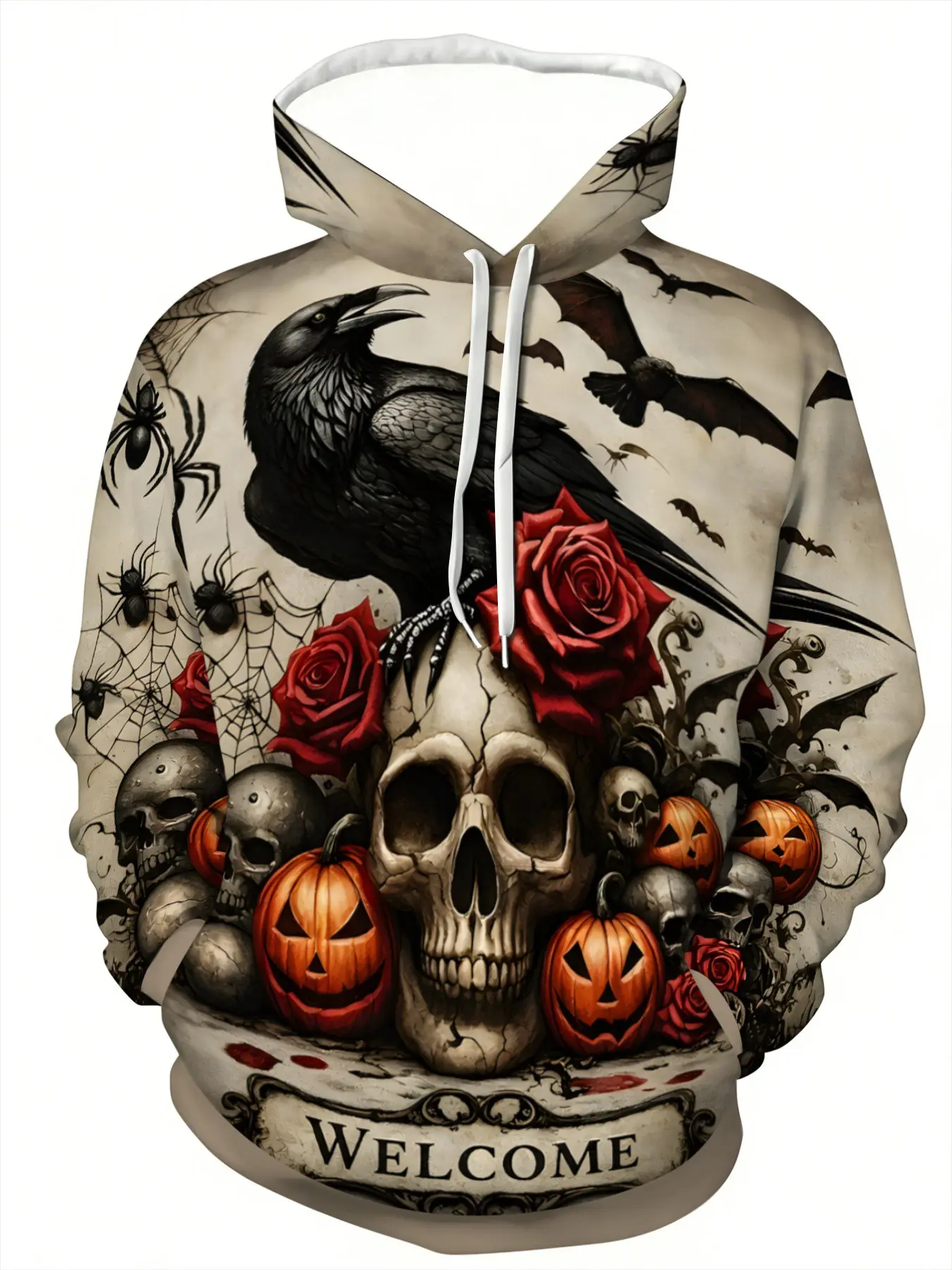 Men's Halloween Hoodie, Long Sleeve, Festive 3D Skull & Pumpkin Print, Rose Design, Casual Fitted Pullover, Street Style, Sweatshirts, Graphic Hoodies