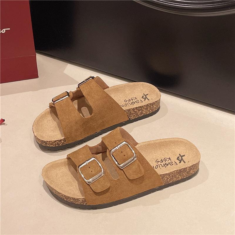 2026 foreign trade cross-border slippers women's large size slippers casual beach double buckle cork slippers factory spot