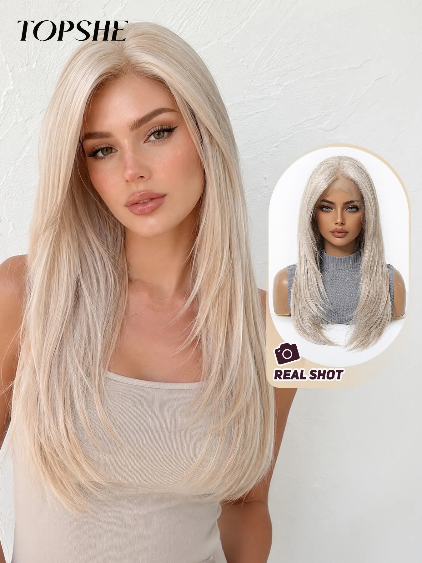Topshe 22-Inch Straight Lace Front Wig, Light Base with Blonde Highlights, Heat Resistant, Glueless, Natural Hairline, Women's Daily Use