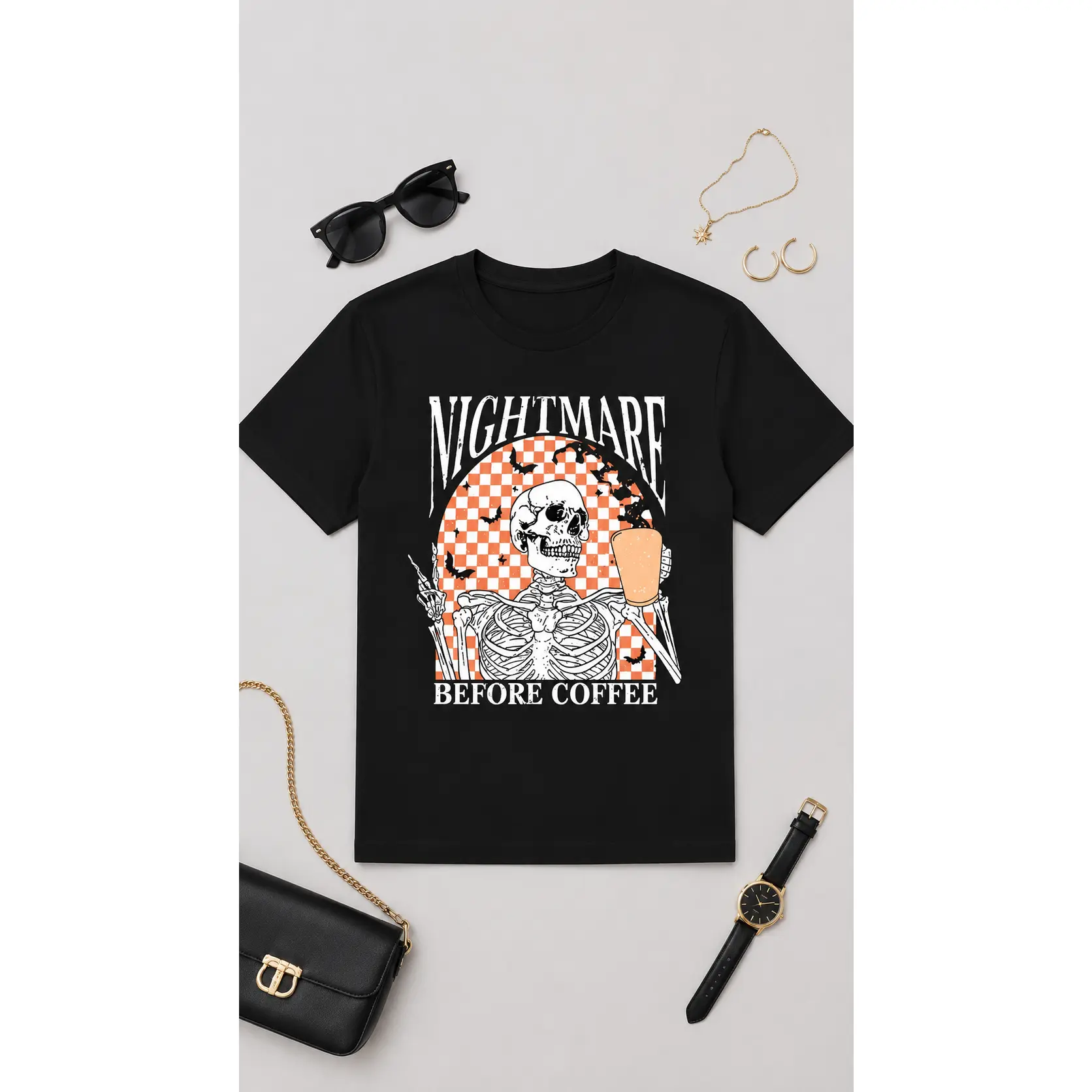 Women's Nightmare Before Coffee Skeleton Graphic T-Shirt - Spooky Halloween Coffee Lover Tee, Vintage Gothic Oversized Black Comfortable Short-Sleeve Shirt with Spandex, Checkerboard, Bat Details, Smooth, Day, Shortsleeve, Casual, Cotton, Style