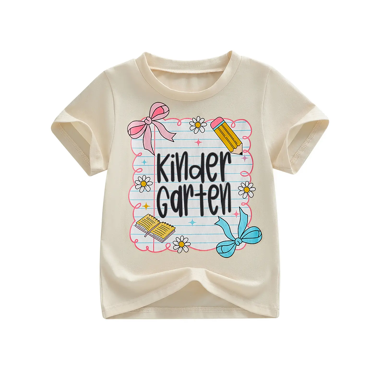 Back to School Little Girls T-Shirt Soft Crew Neck Short Sleeve Cute Pencil Bow Print Casual Summer Kids Tops