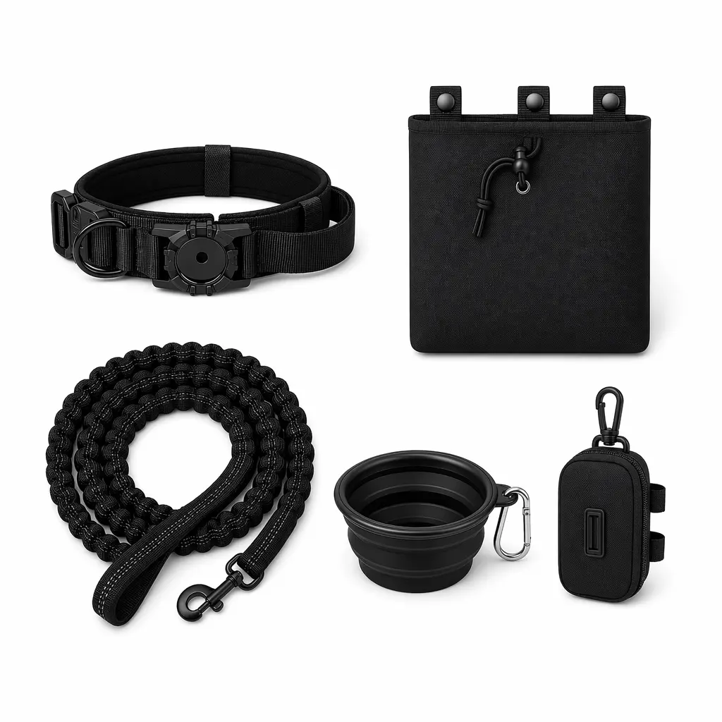 5-in-1 K9 Tactical Dog Gear Set - AirTag Ready Heavy Duty Collar & Padded Bungee Leash Bundle - Includes Molle Utility Pouch, Poop Bag Dispenser & Travel Bowl - Elite Kit for Medium to Large Athletic Dogs