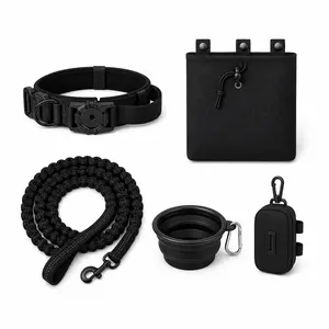 5-in-1 K9 Tactical Dog Gear Set - AirTag Ready Heavy Duty Collar & Padded Bungee Leash Bundle - Includes Molle Utility Pouch, Poop Bag Dispenser & Travel Bowl - Elite Kit for Medium to Large Athletic Dogs