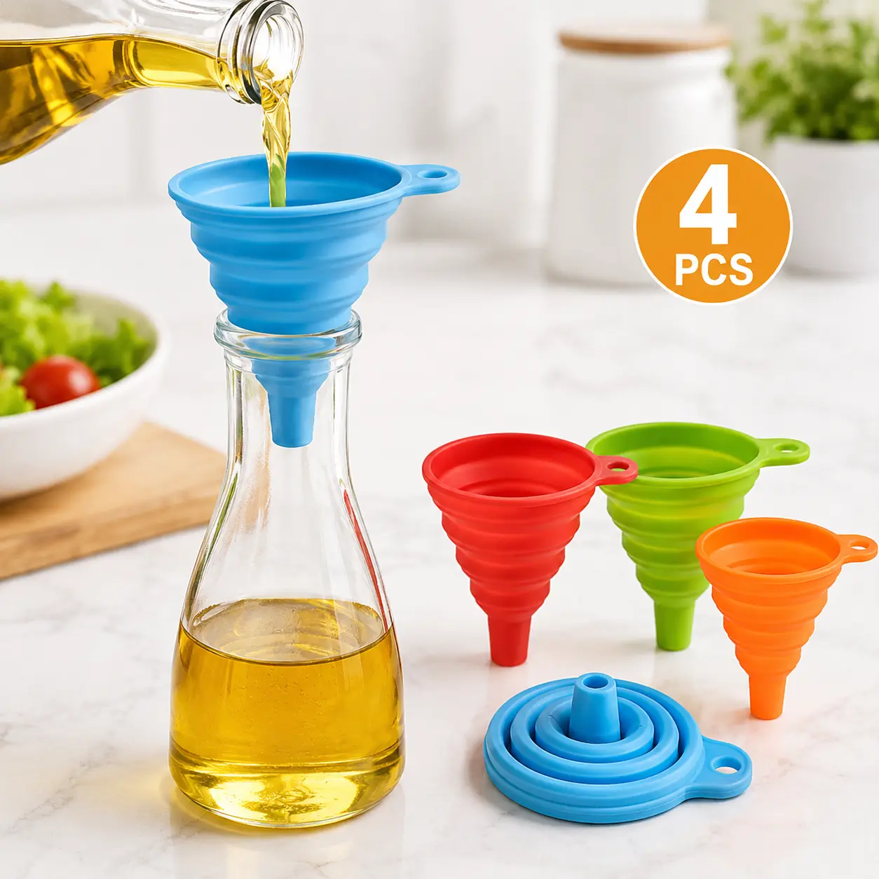 4-Pack Reusable Collapsible Silicone Funnels Set - No-Spill Pouring Kitchen Gadget, Silicone Tools for Home Kitchen Use, Oil & Travel Bottles Home Supplies
