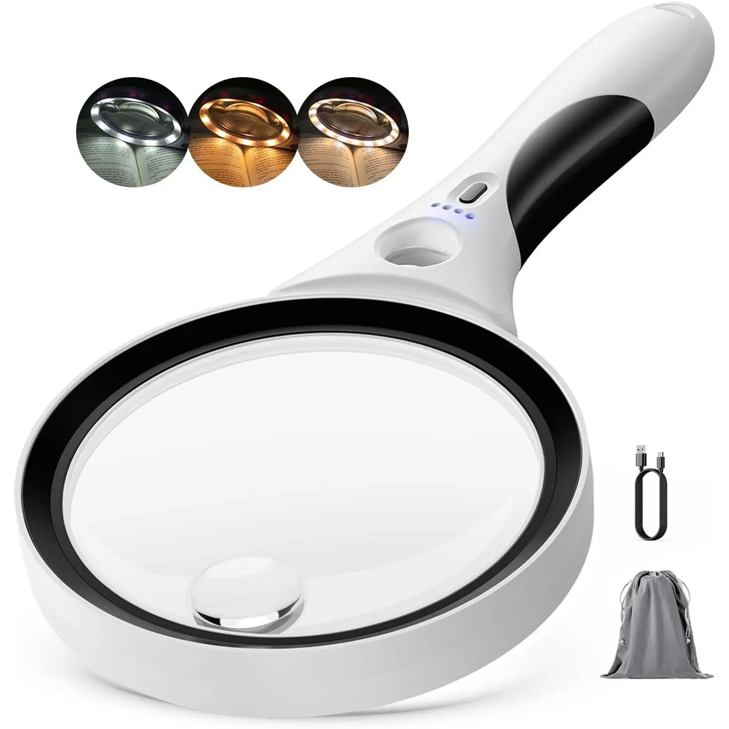 Rechargeable Magnifying Glass with Light, 10X 20X 45X Handheld Lighted Magnifier with 18 LED 3 Modes, 4.3" Anti-Glare Lens for Seniors Reading Coins Close Work Black