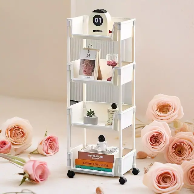 Multifunctional Multi-Layer Plastic Storage Cartwith Wheels, Layered Shelf Organizer for BedroomKitchen Bathroom Living Room Beige tumbler beauty cart shoe rack jewelry corner egg perfume cologne heavy duty garment rack plate
