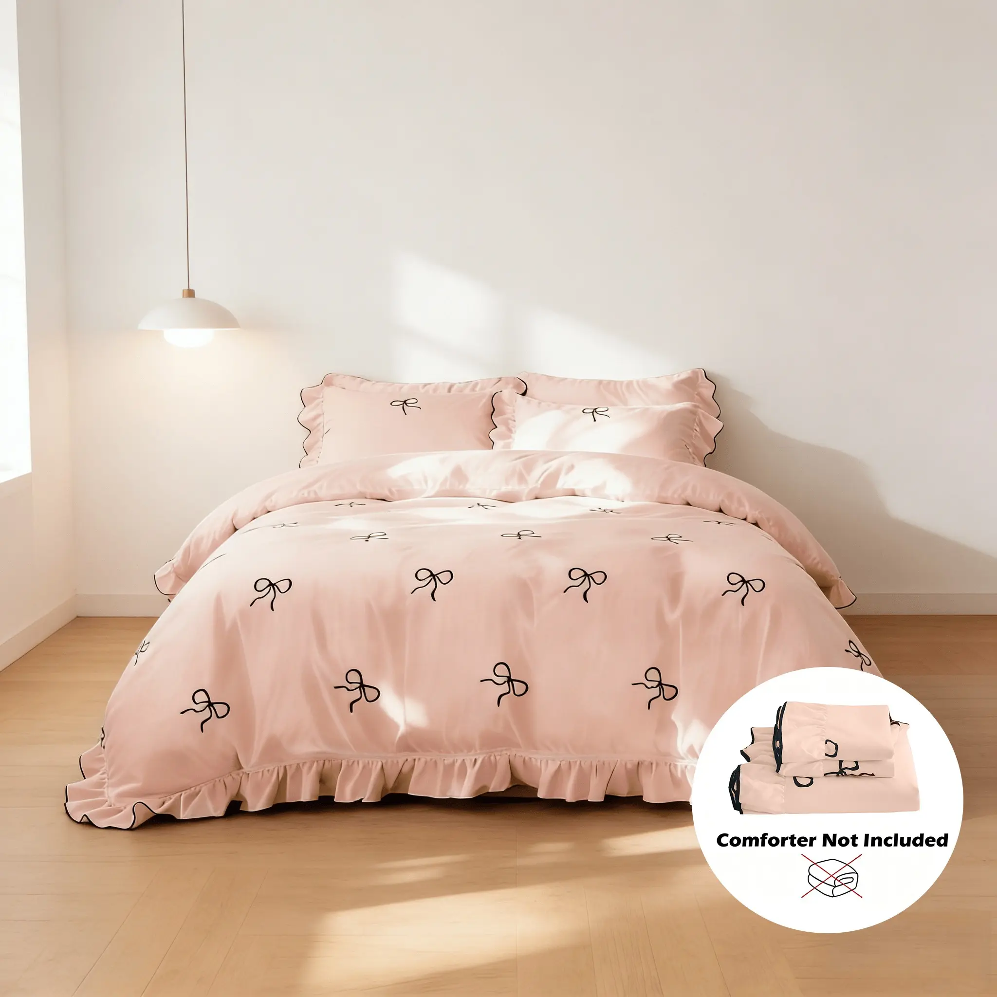 3-piece white bow lace duvet cover set, including 1 Decorative duvet cover without comforter and 2 pillowcases without pillow insert. Soft and comfortable, this home bedroom bedding is suitable for all seasons. Comfy bed sets