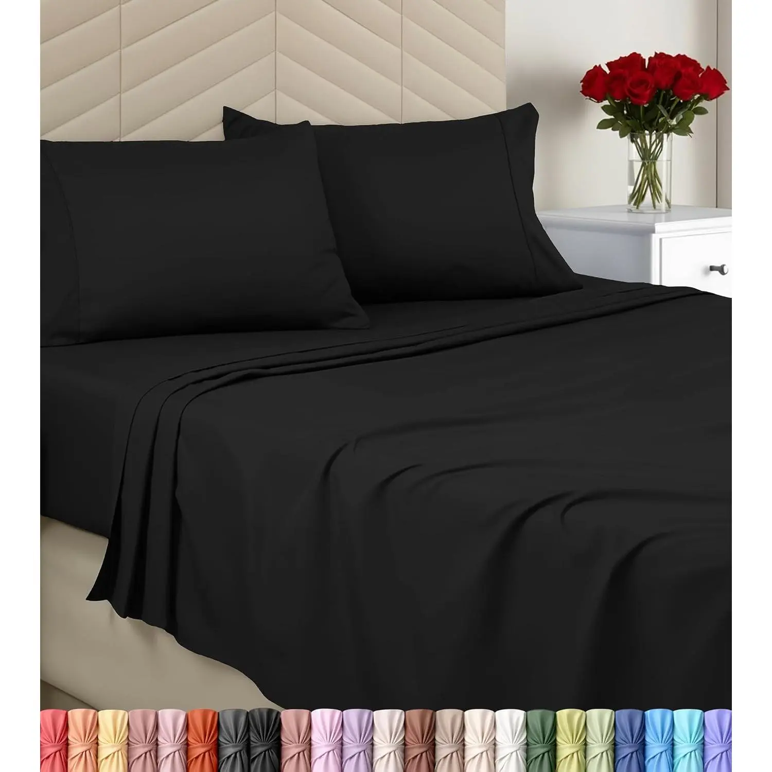 Bedding Full Sheet Set, Soft Microfiber 4 Piece Bed Sheets with 15" Deep - Easy Care Brushed Microfiber (Full, Black)