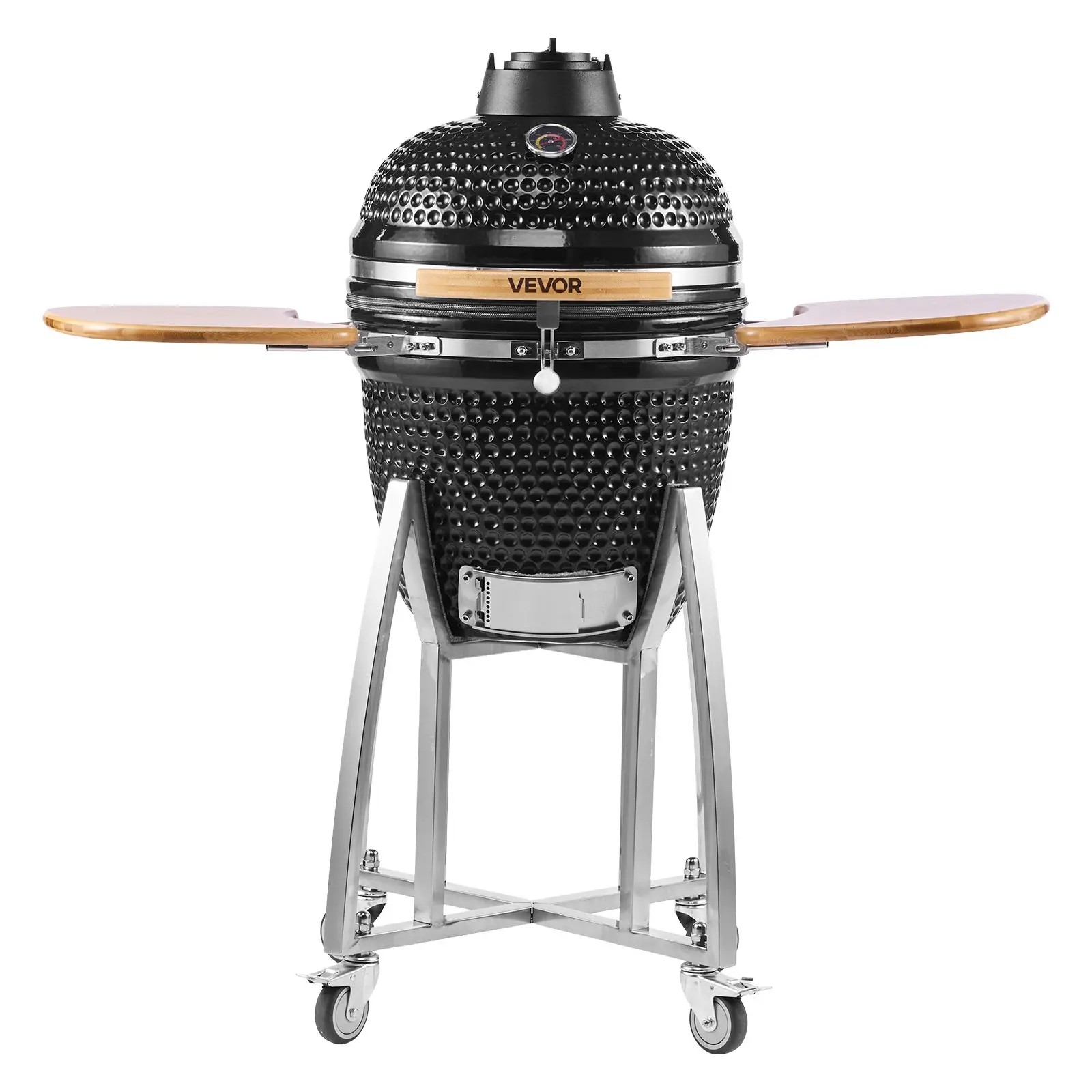 VEVOR Charcoal Smoker and Grill, 18" Kamado Charcoal BBQ Smoker, Movable Ceramic Barbecue Grill with 4 Wheels (2 Lockable), Built-in Thermometer, Air Vents Side Shelf for Outdoor Patio Yard Cooking