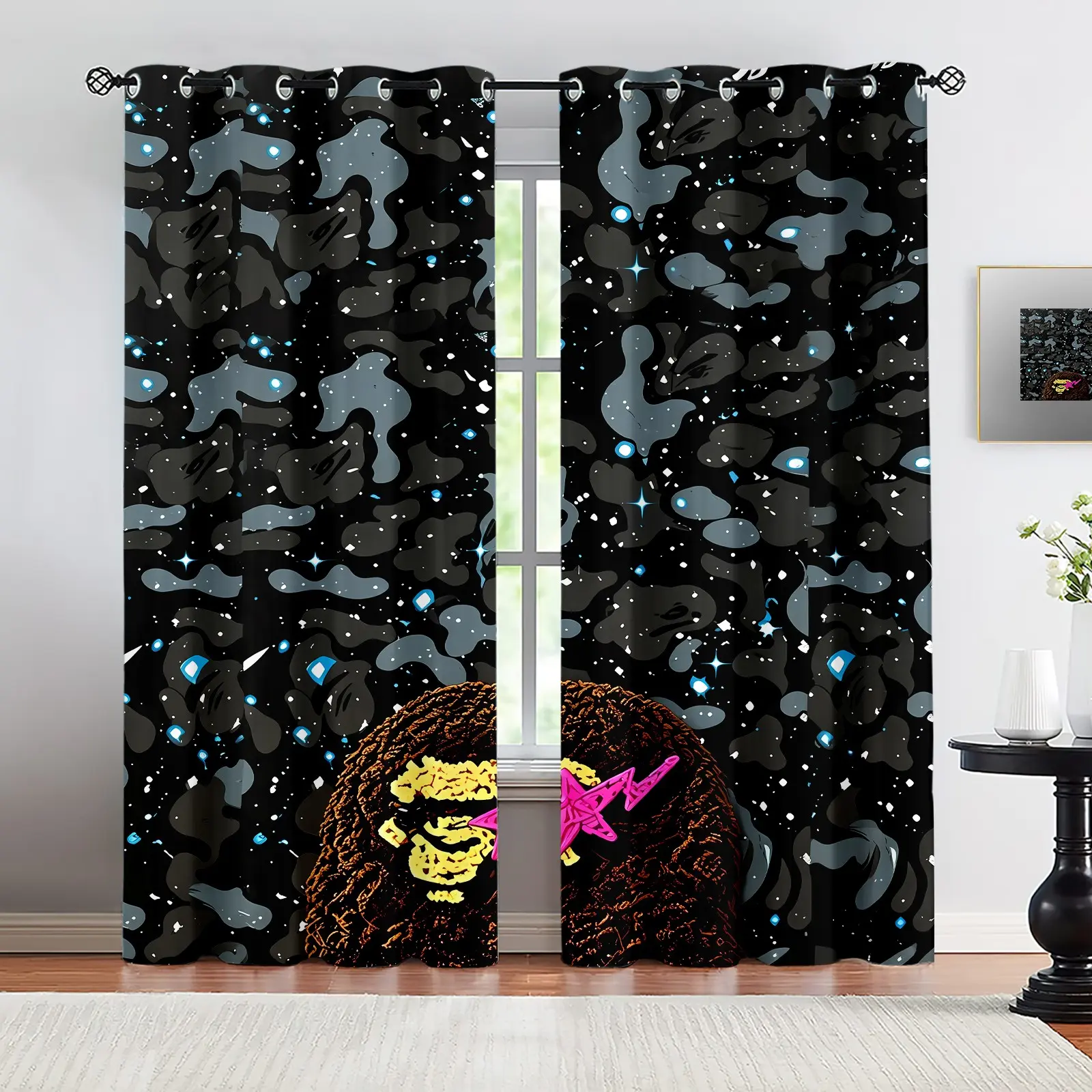 Black Galaxy Starry Camo Dreadlock Ape Head Pink Star Blackout Curtains, Trendy Hypebeast Streetwear Window Drapes, Light Blocking Noise Insulating Decor for Gamer Room Teen Hypebeast Bedroom & Dorm