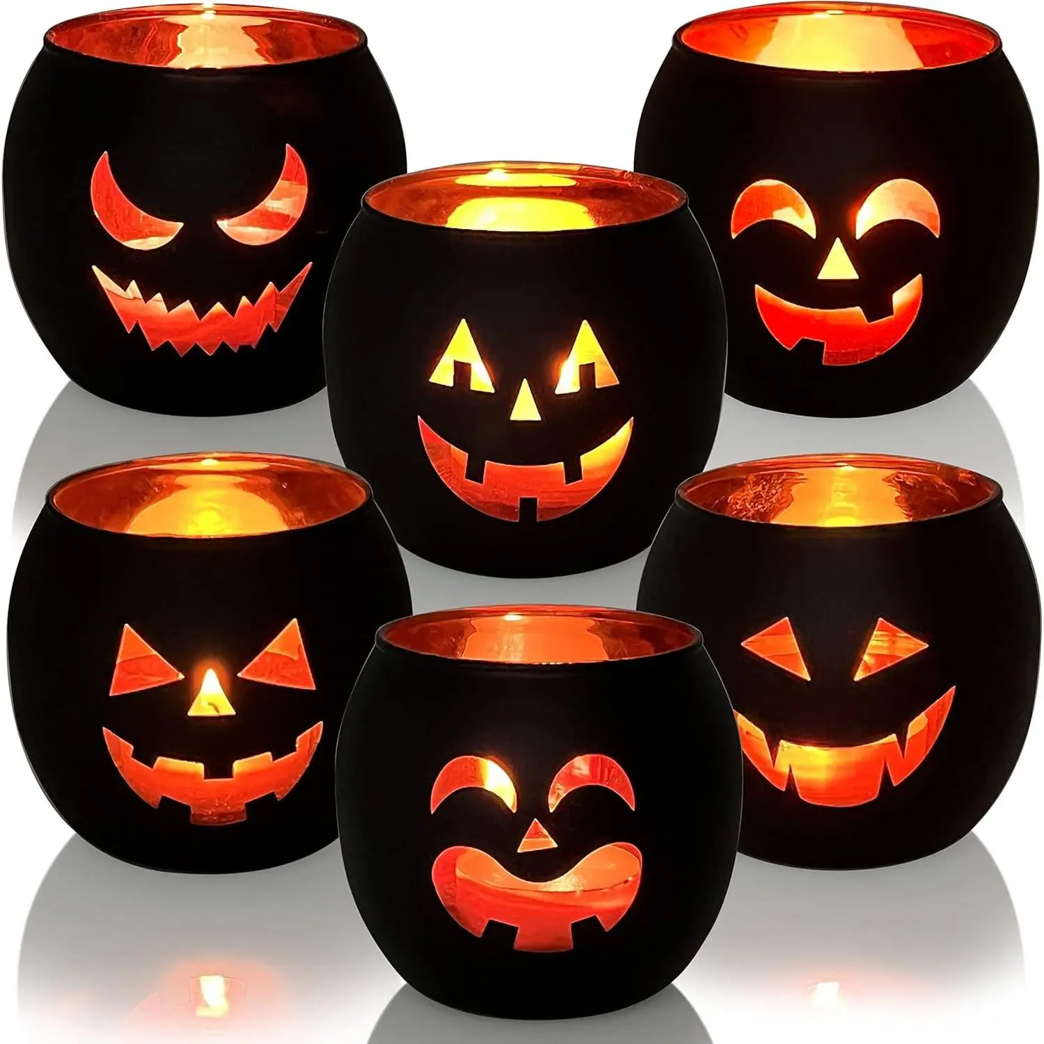 Halloween Table Decor Set of 6, Jack O Lantern Black Glass Votive Tealight Candle Holders, Indoor Halloween Decorations for Party Mantel Coffee Table Centerpiece Decor
