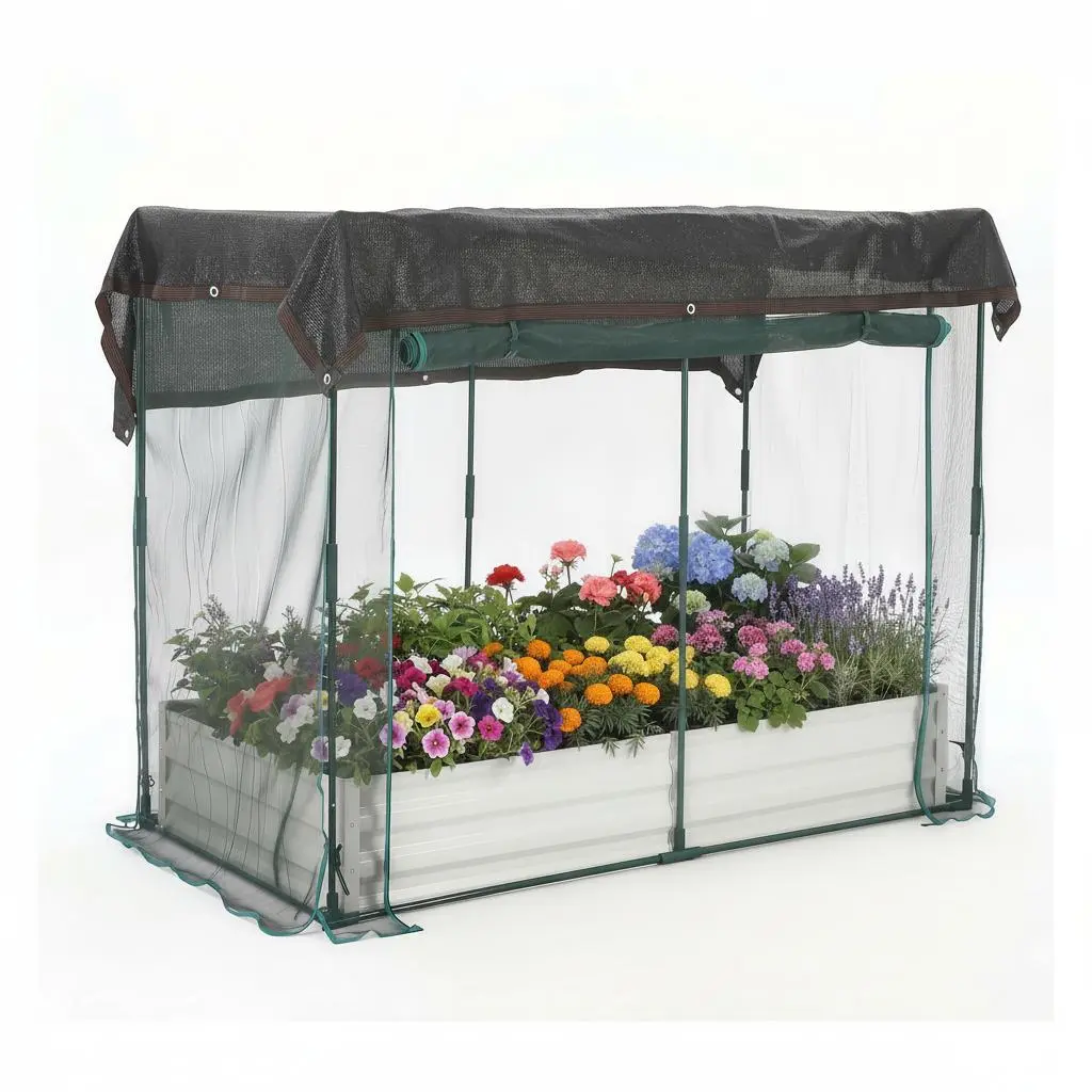 GAOMON Galvanized Raised Garden Bed with Crop Cage – Durable Metal Planter Box – Plant Protection Net, Shade Cloth Roof & Zippered Doors, Animal Barrier – Perfect for Outdoor Vegetables, Herbs, Flowers – Silver, 8×4×1ft